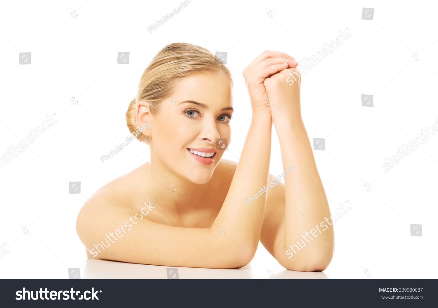 Portrait Nude Woman Clenching Hands Sitting Shutterstock