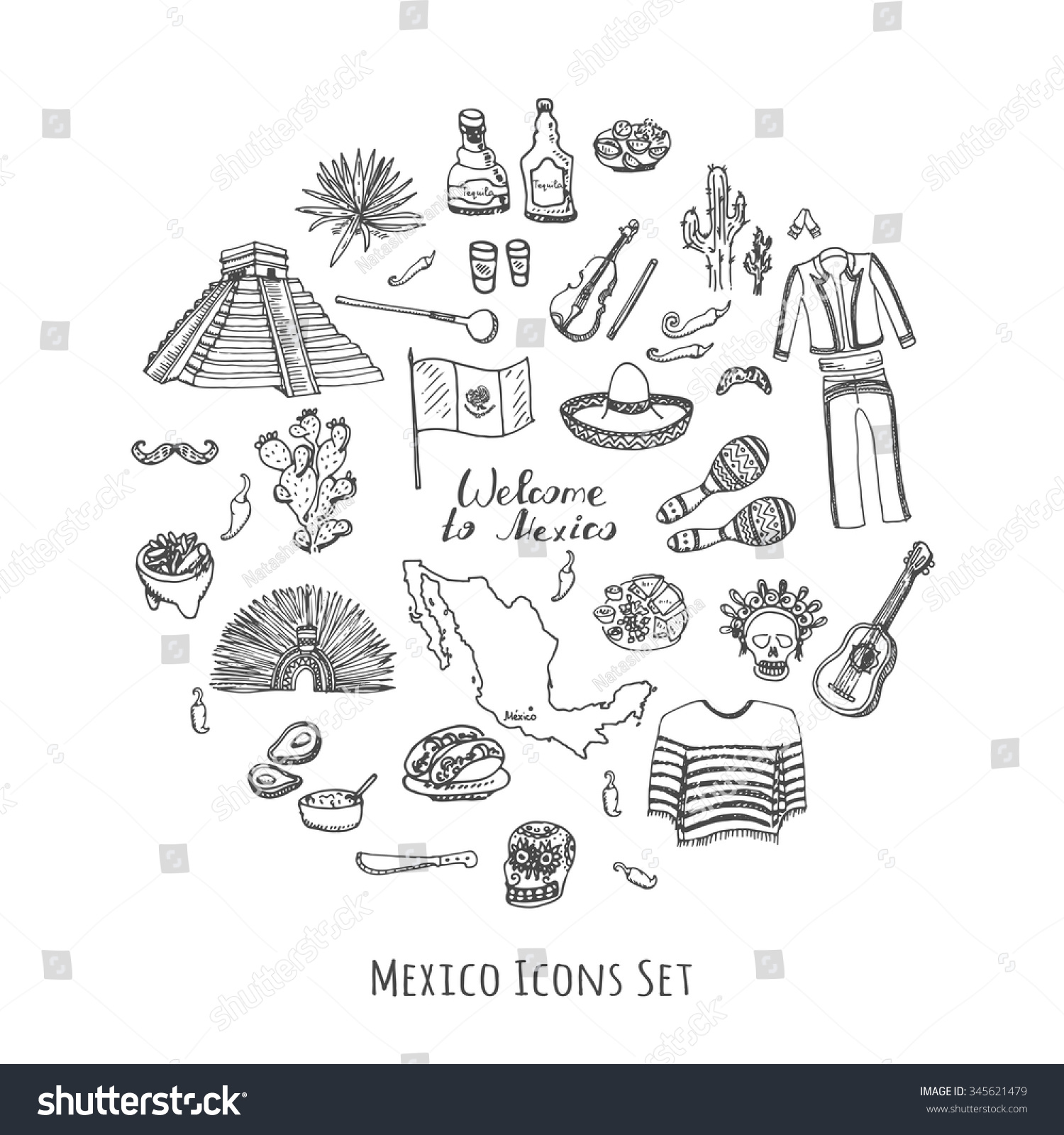 Hand Drawn Doodle Mexico Set Vector Stock Vector Royalty Free