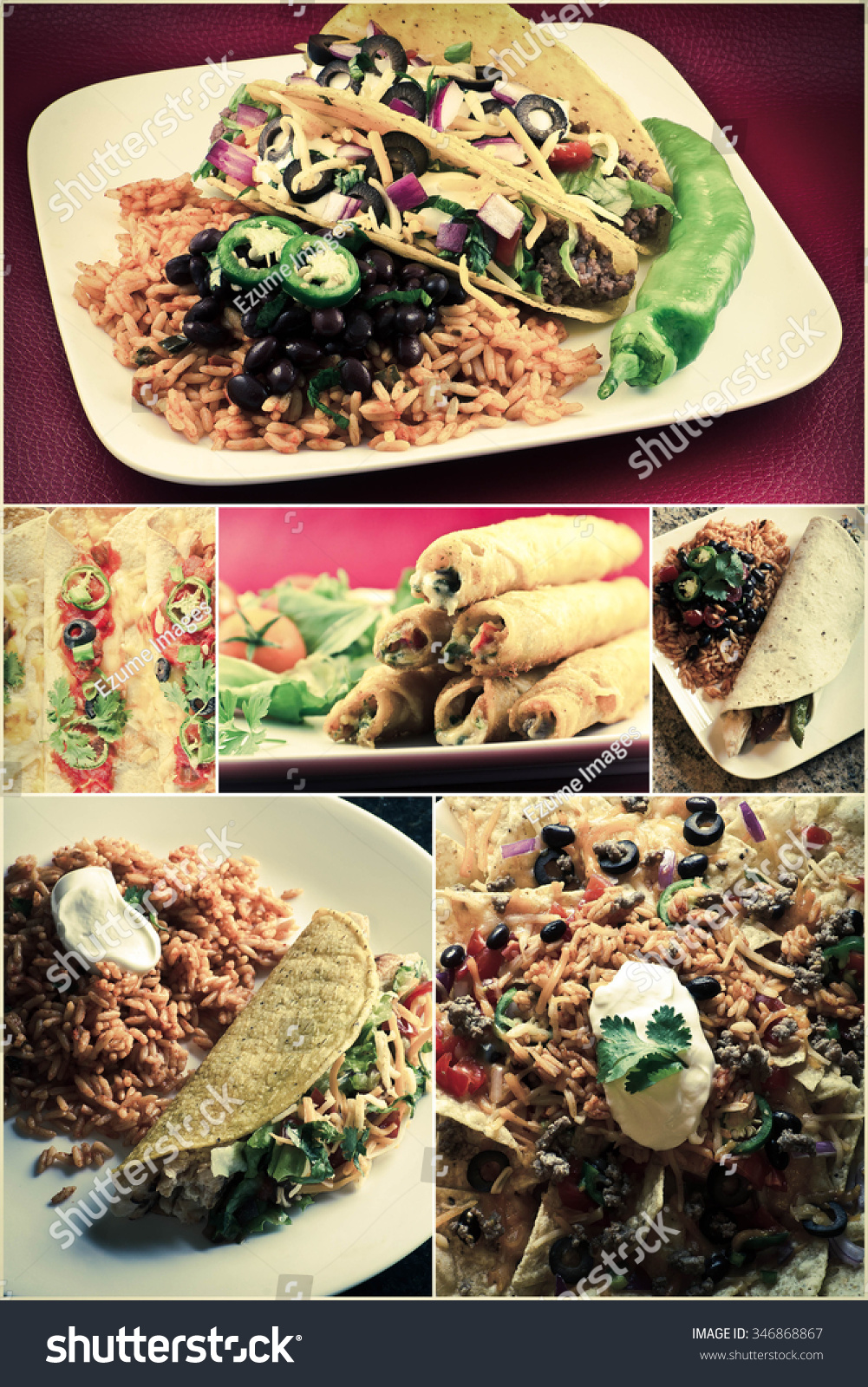 Collage Various Mexican Dishes Including Enchiladas Stock Photo