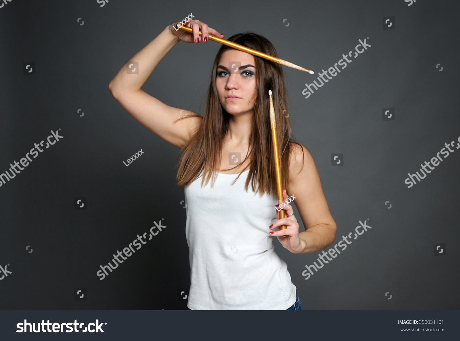 Beautiful Girl Posing Drumsticks Studioisolated Portrait Stock Photo