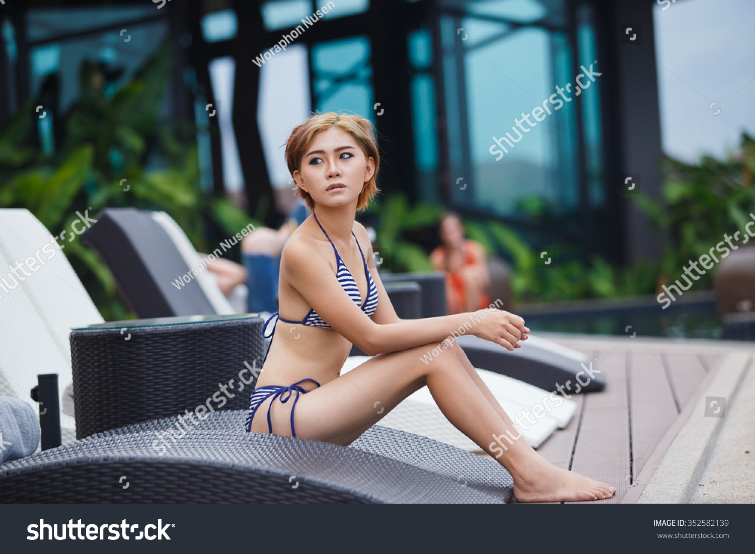 Sexy Woman Portrait Bikini Swimming Pool Stock Photo