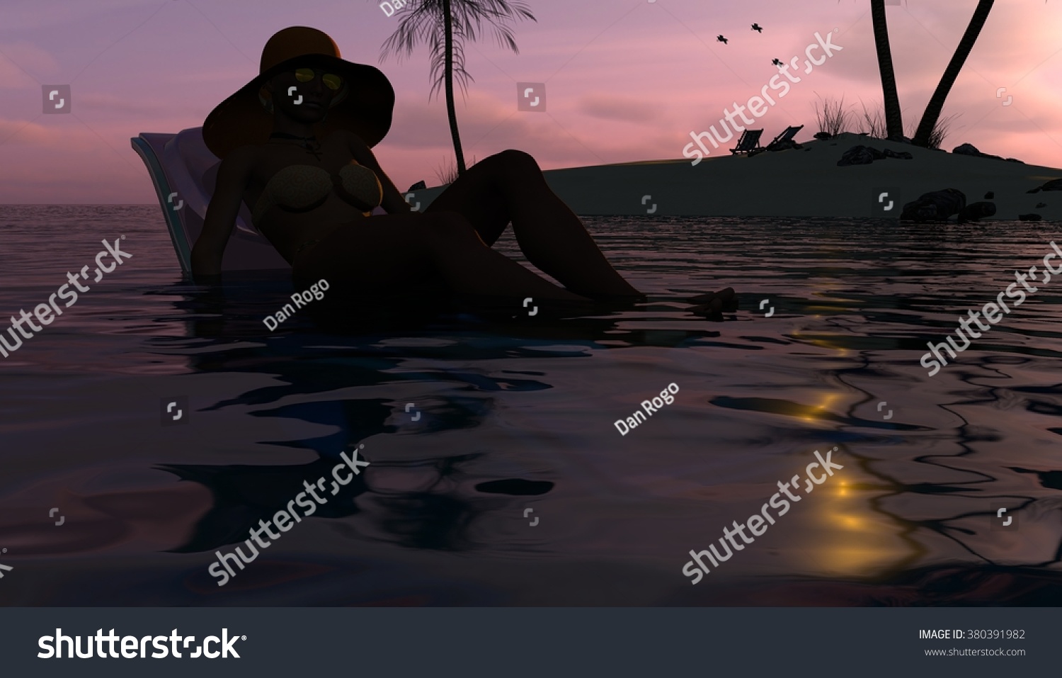 Female Bikini On Lounge Chair Water Illustrazione Stock 380391982