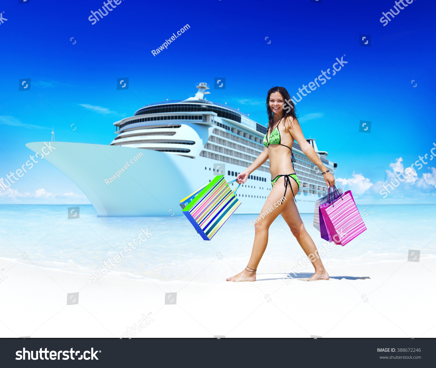 Woman Bikini Shopping Bags Beach Summer Stock Photo 388672246