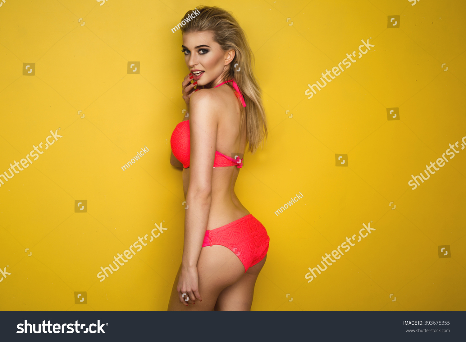 Sexy Blonde Woman Wearing Pink Swimwear Stock Photo 393675355