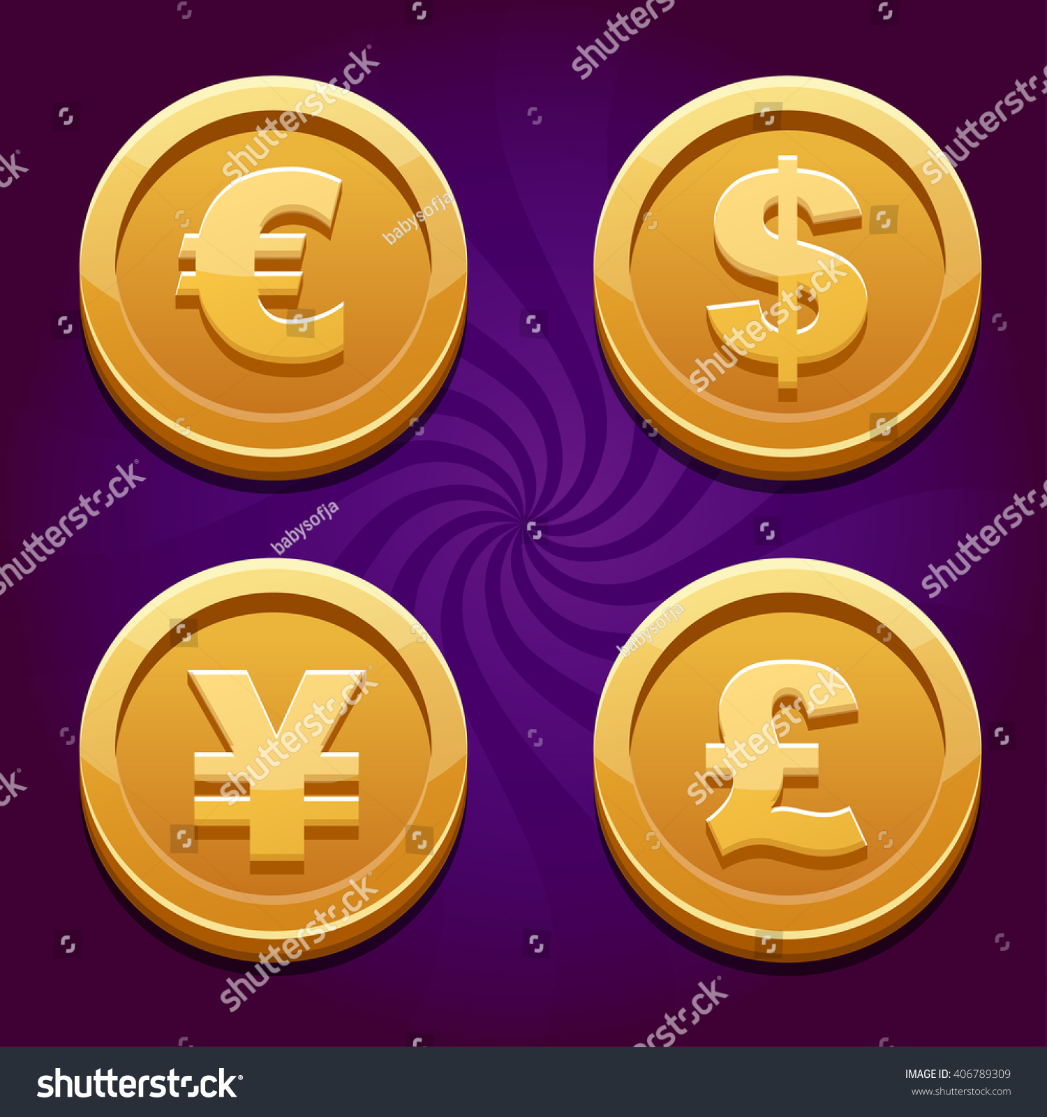 Main Currencies Symbols Represented Shiny Gold Stock Illustration