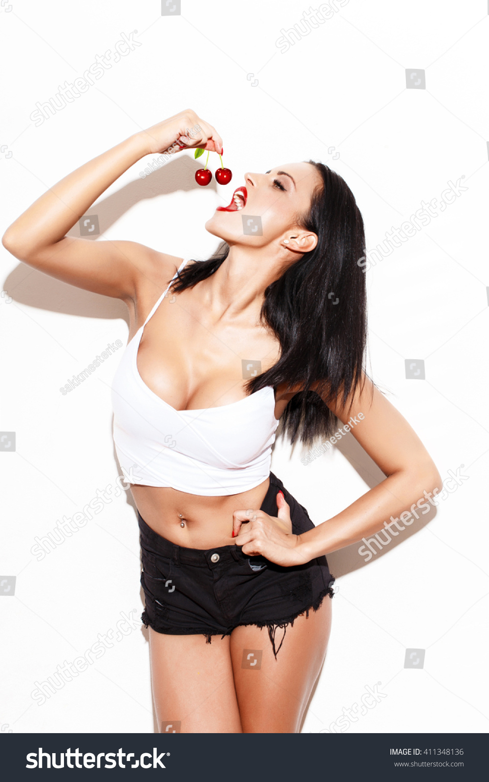 Sexy Woman Big Tits Eating Cherry Stock Photo Shutterstock