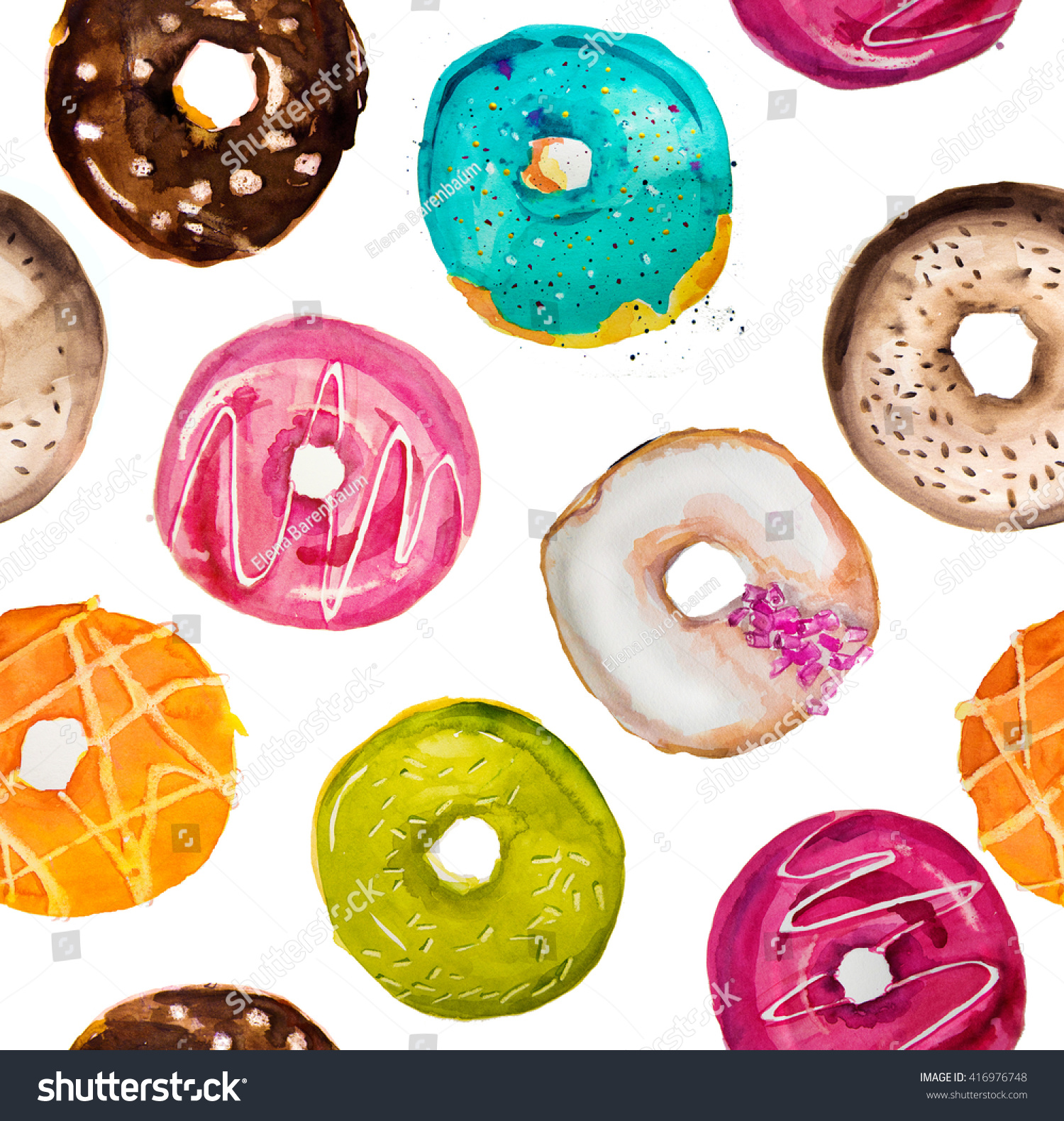 Handpainted Watercolor Donuts Seamless Background Stock Illustration