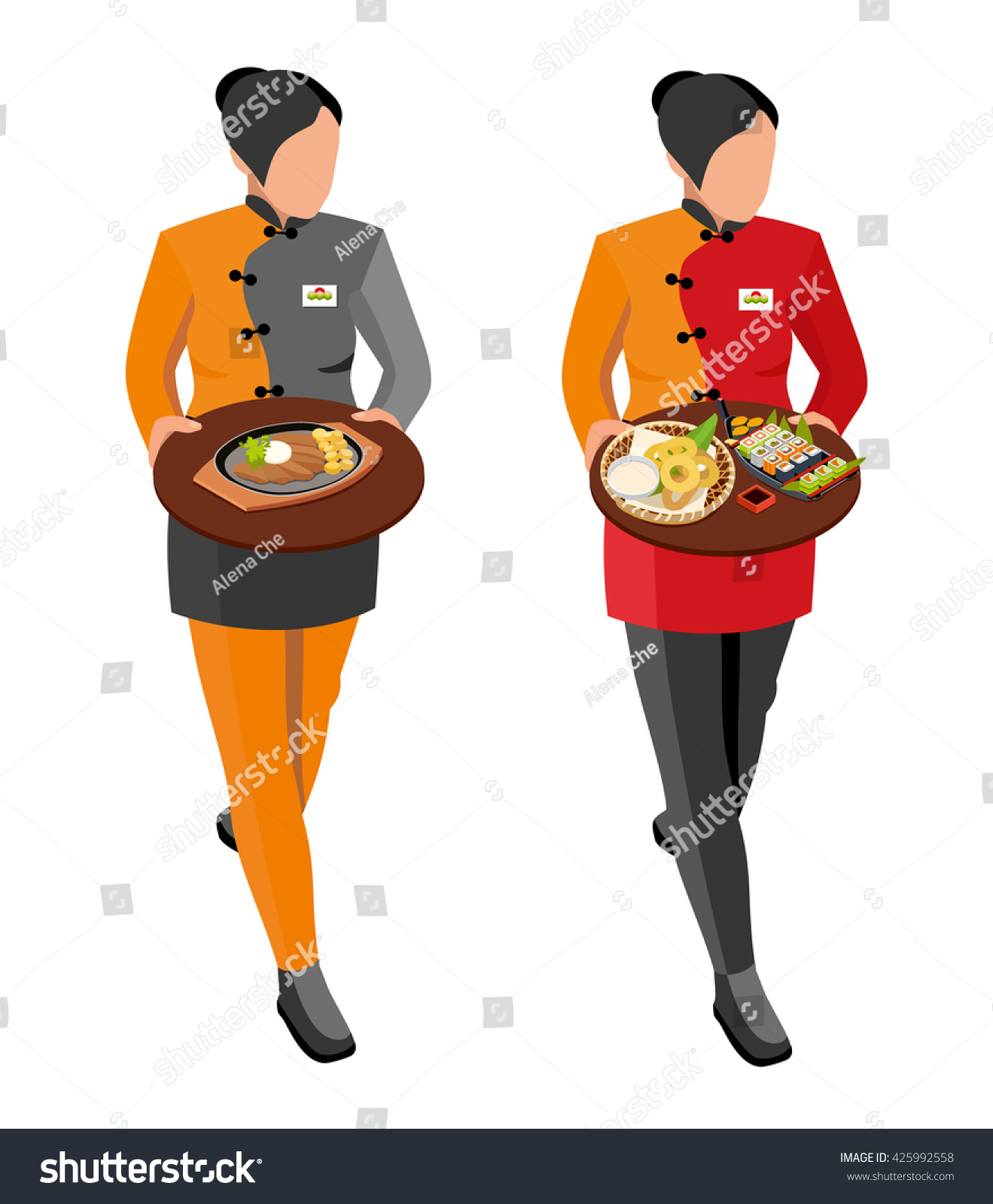 Flat Illustration Waitress Girl Uniform Isometric Stock Vector Royalty