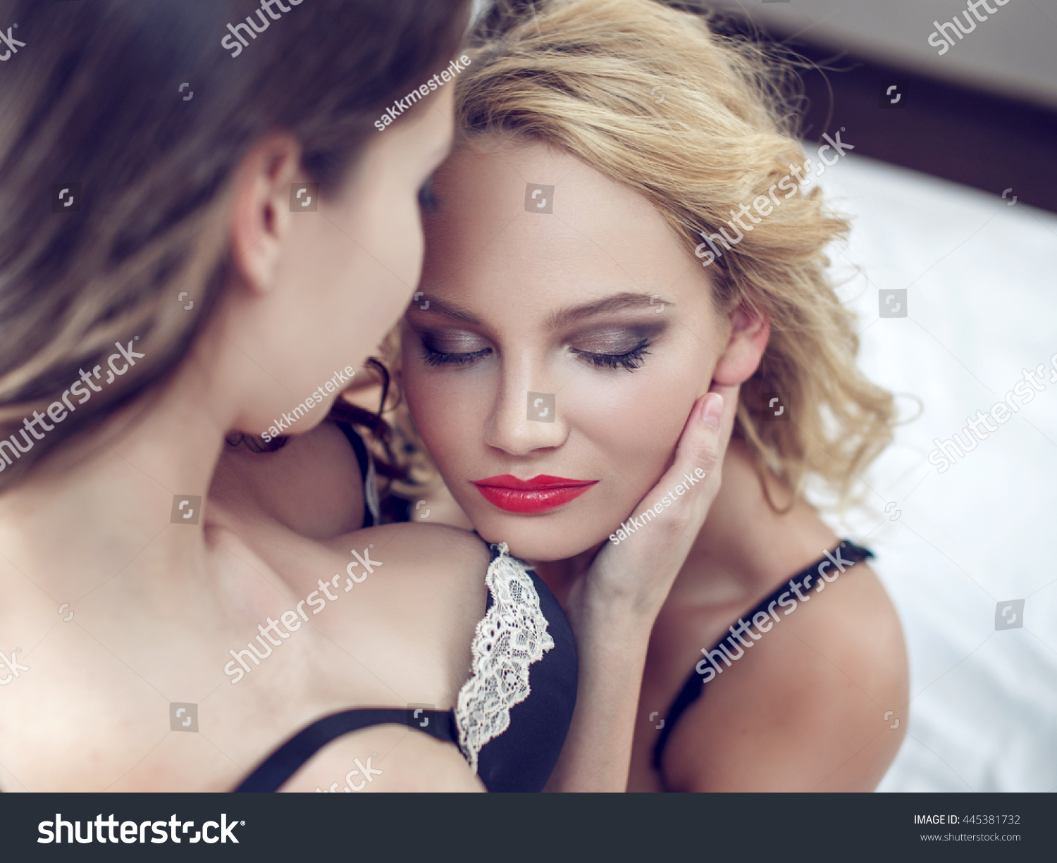 Sexy Lesbian Lovers Foreplay Bed Sensuality Stock Photo 445381732