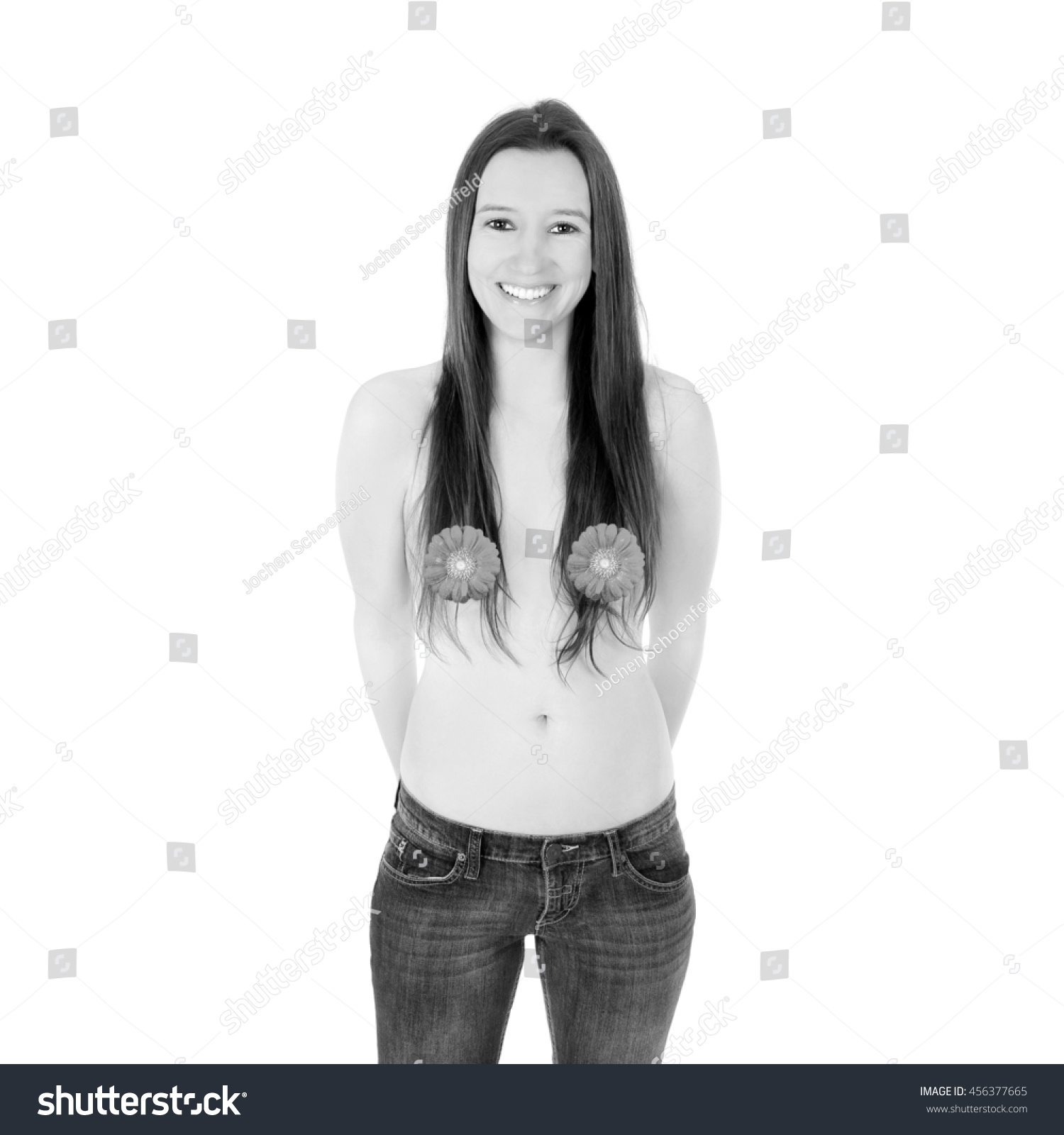 Portrait Attractive Smiling Nude Woman Flowers Stock Photo