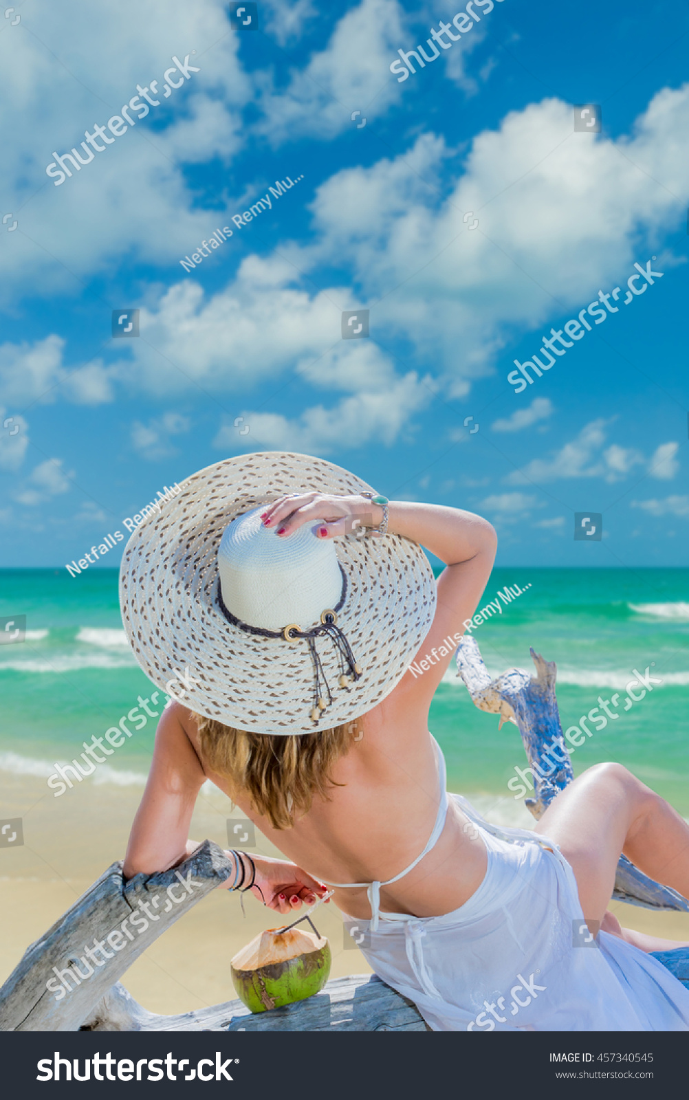 Woman Bikini Sunhat Tropical Beach Stock Photo Shutterstock