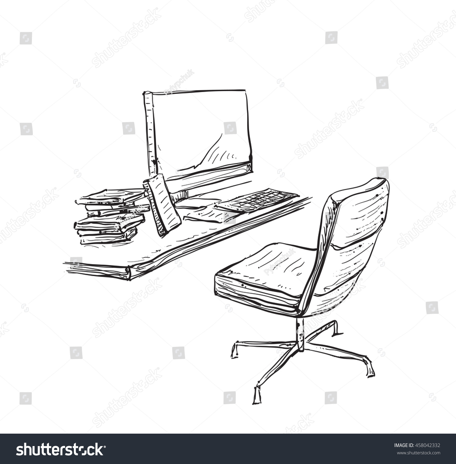 Hand Drawn Workplace Chair Computer Sketch Stock Vector Royalty Free