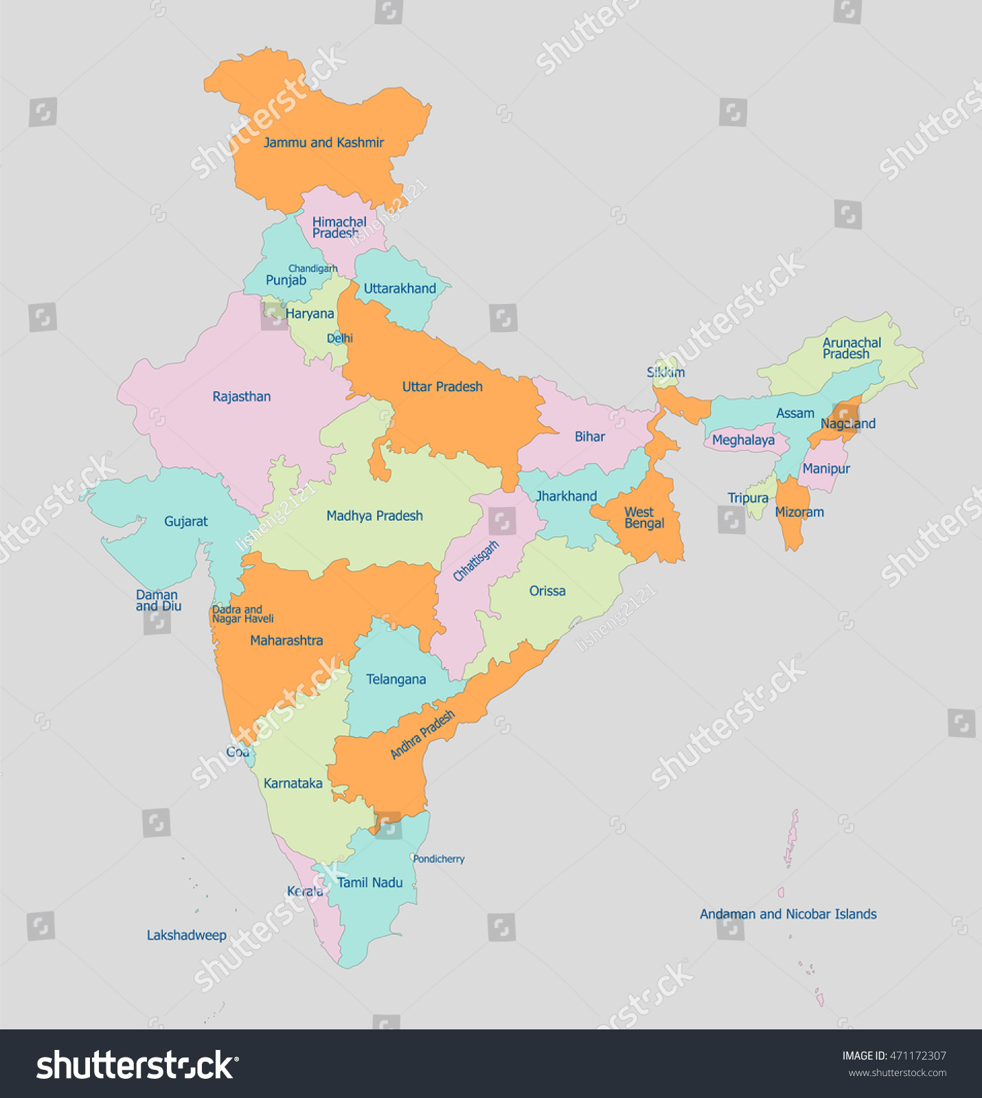 Vektor Stok Highly Detailed Political India Map Tanpa Royalti