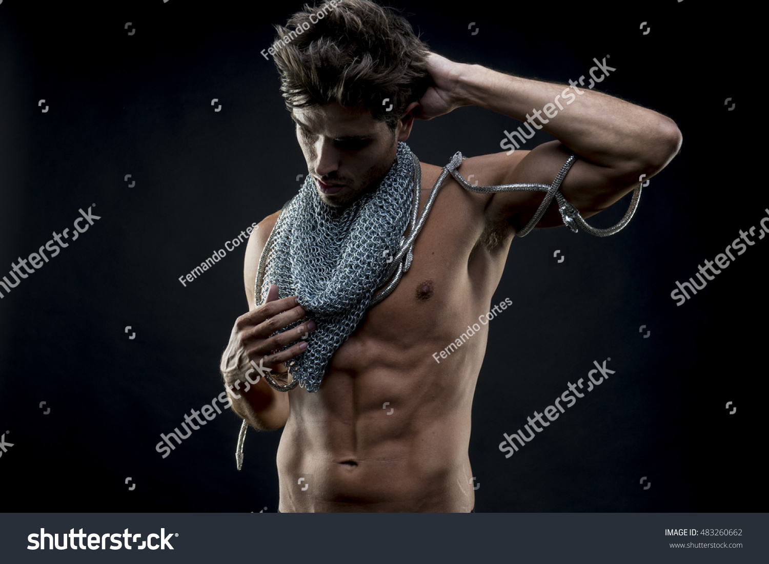 Fitness Attractive Naked Man Abdominal Chain Stock Photo