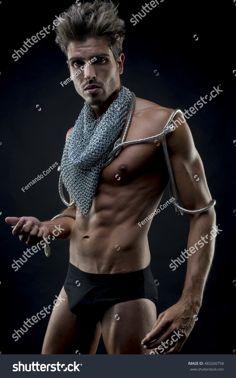 Bodybuilder Attractive Naked Man Abdominal Chain Stock Photo