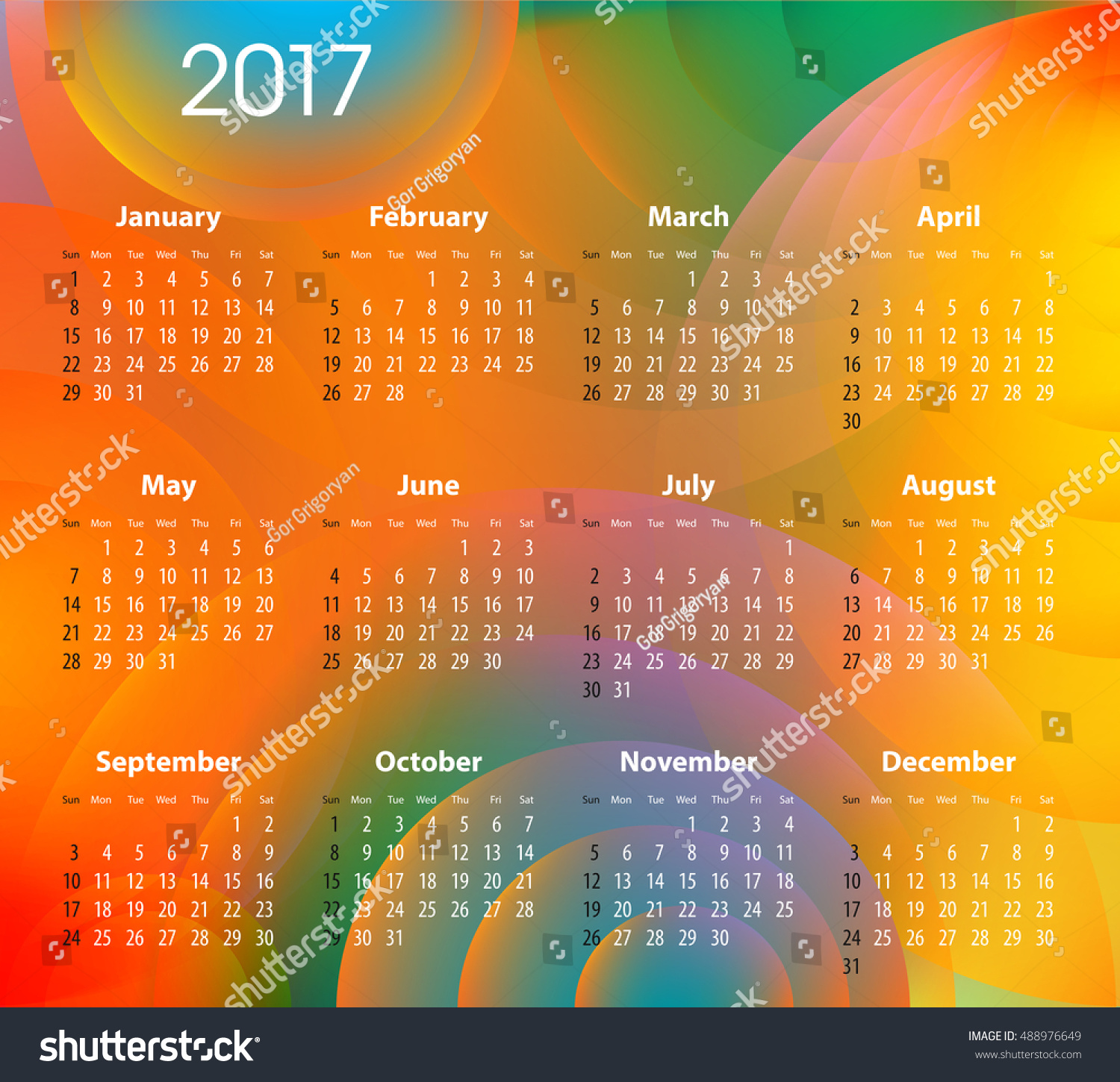 English Calendar 2017 On Abstract Circles Stock Vector Royalty Free