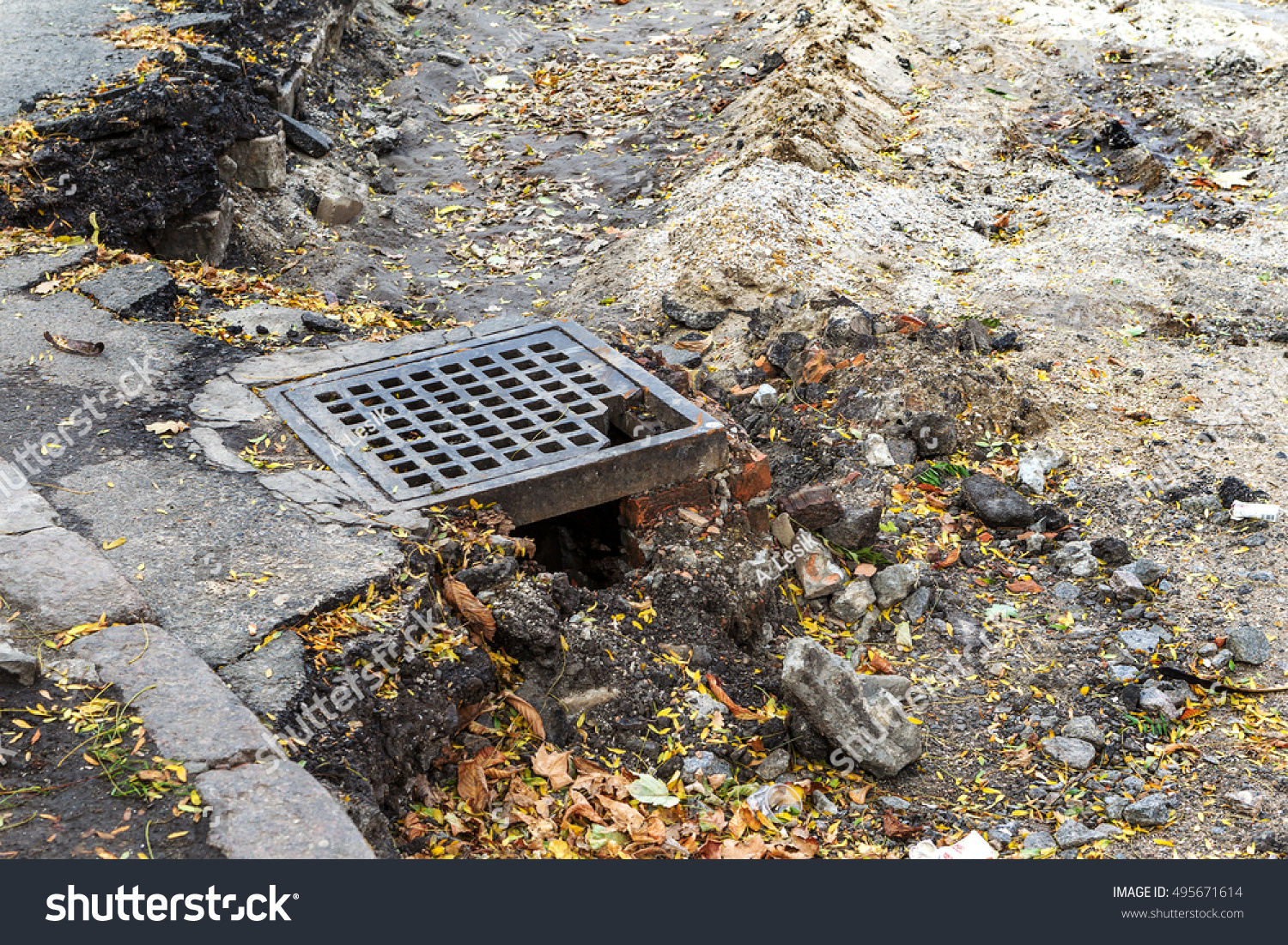 Old Broken Manhole Cover Storm Drainage Stock Photo 495671614