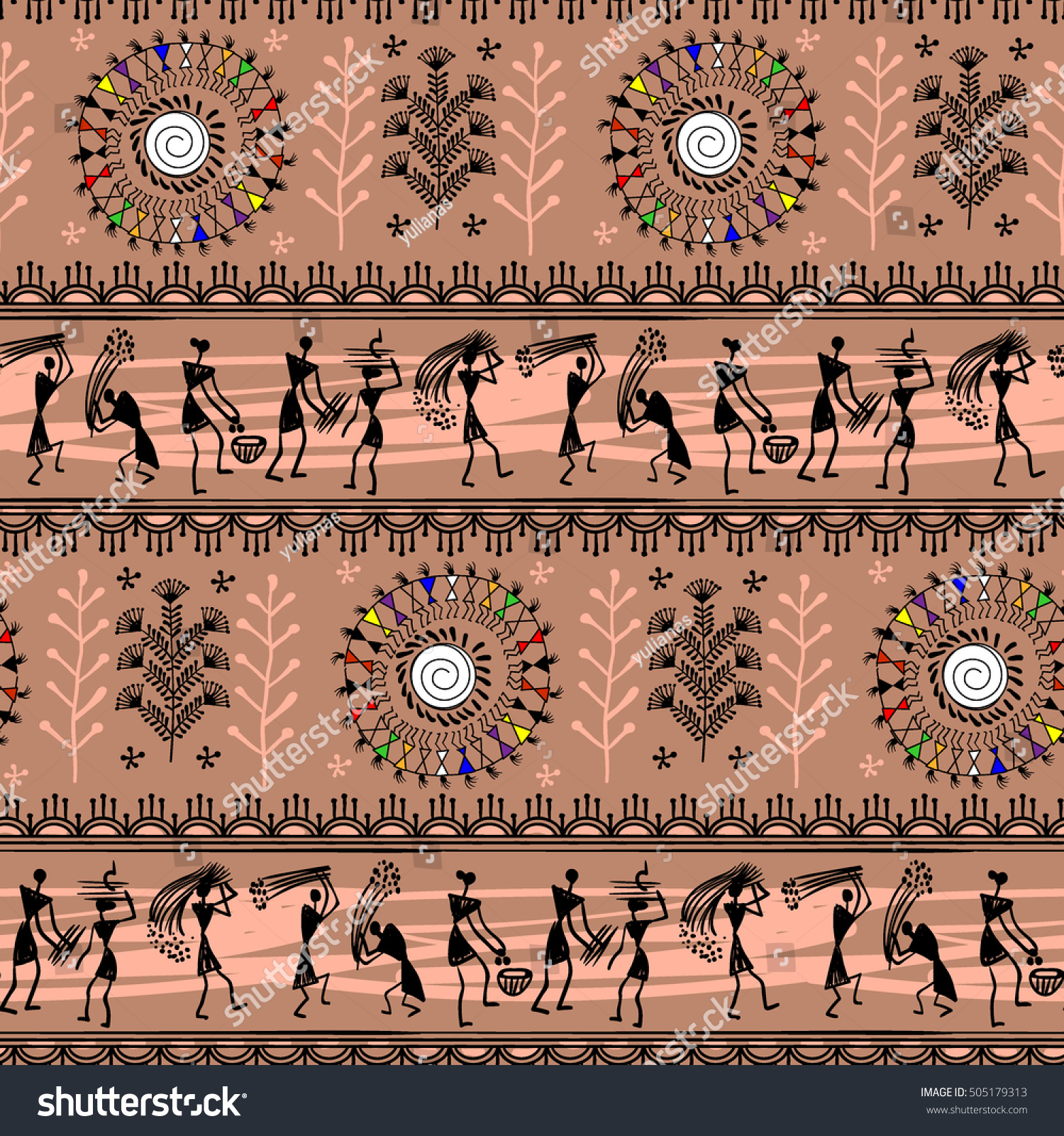 Warli Painting Seamless Pattern Hand Drawn Vetor Stock Livre De