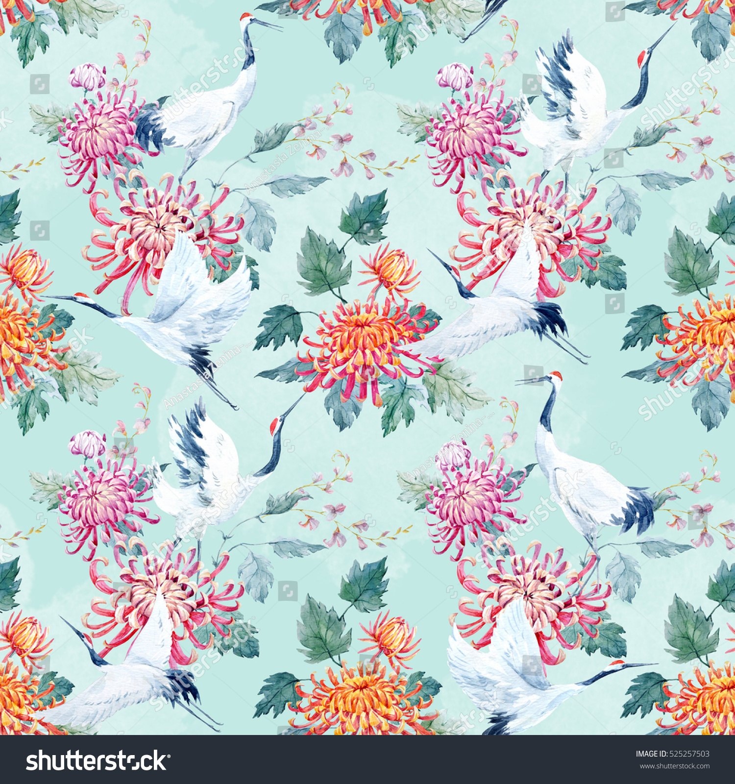 Watercolor Pattern Red Heads Crane Chrysanthemum Stock Illustration