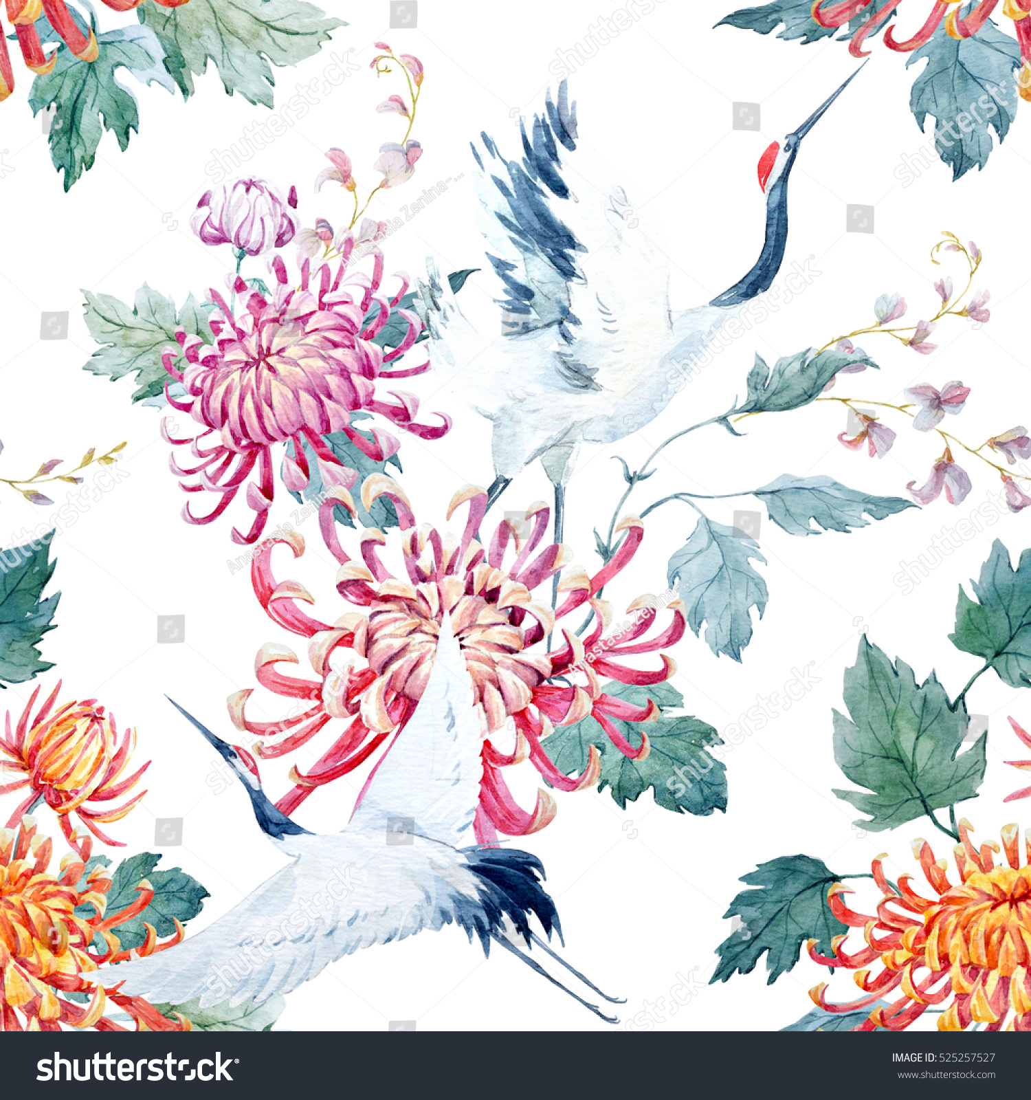 Watercolor Pattern Red Heads Crane Chrysanthemum Stock Illustration