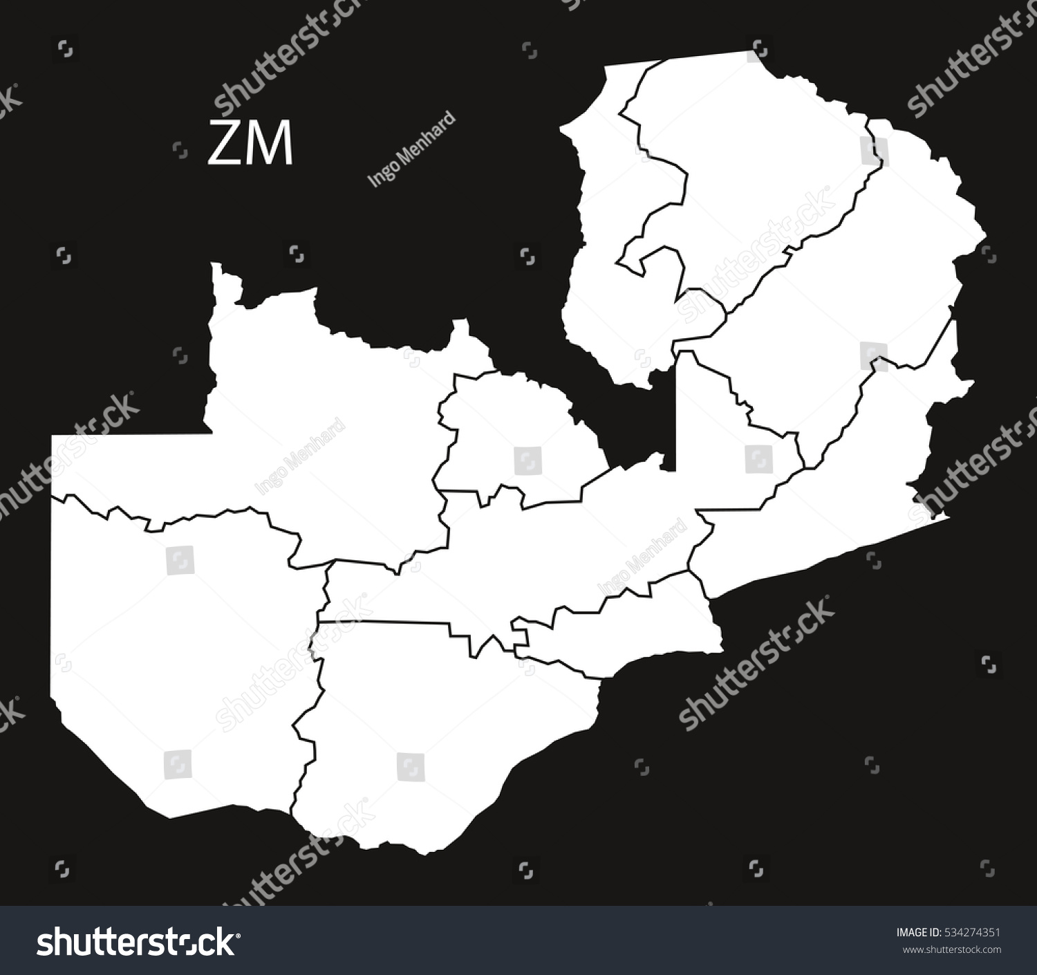 Zambia Provinces Map Black White Illustration