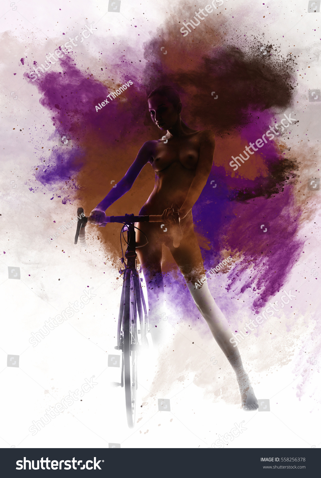 Naked Woman Bicycle Combined Abstract Watercolor Stock Photo 558256378