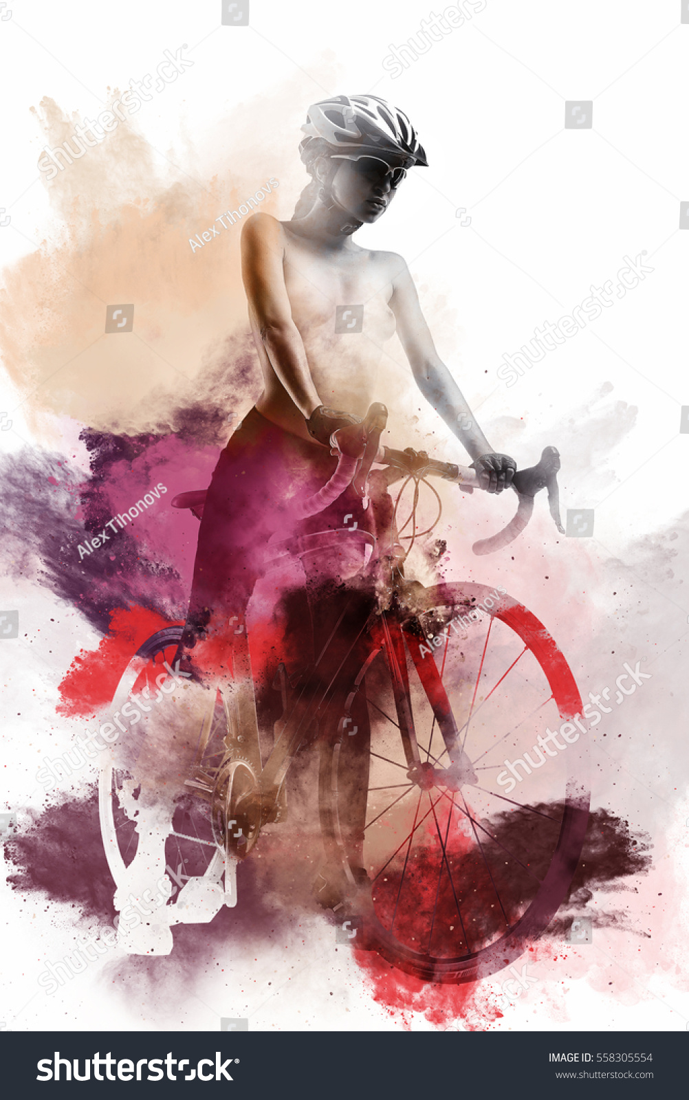 Naked Woman Bicycle Combined Abstract Watercolor Stock Photo 558305554