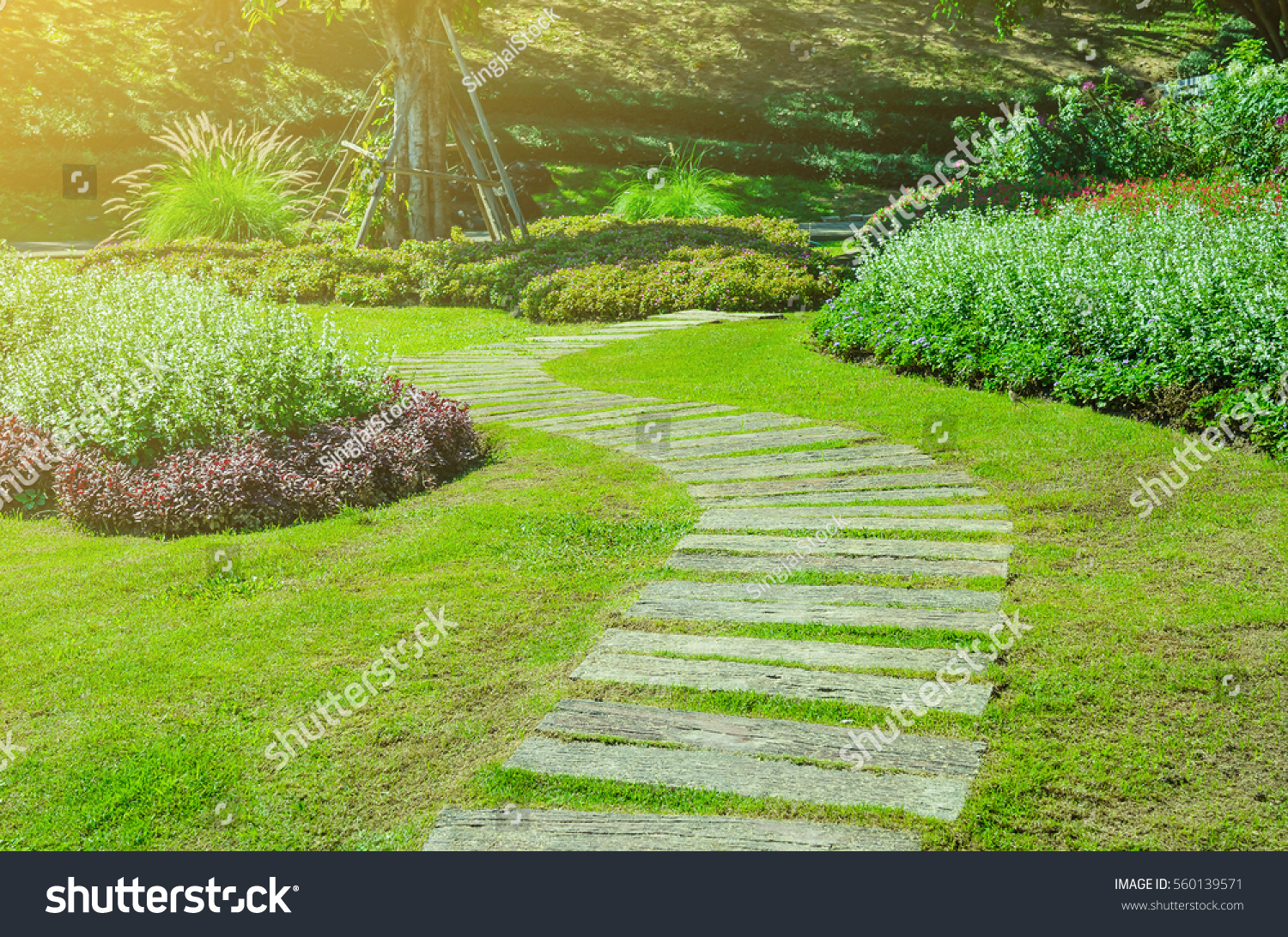 Pathway Garden Green Lawns Bricks Pathways Stock Photo