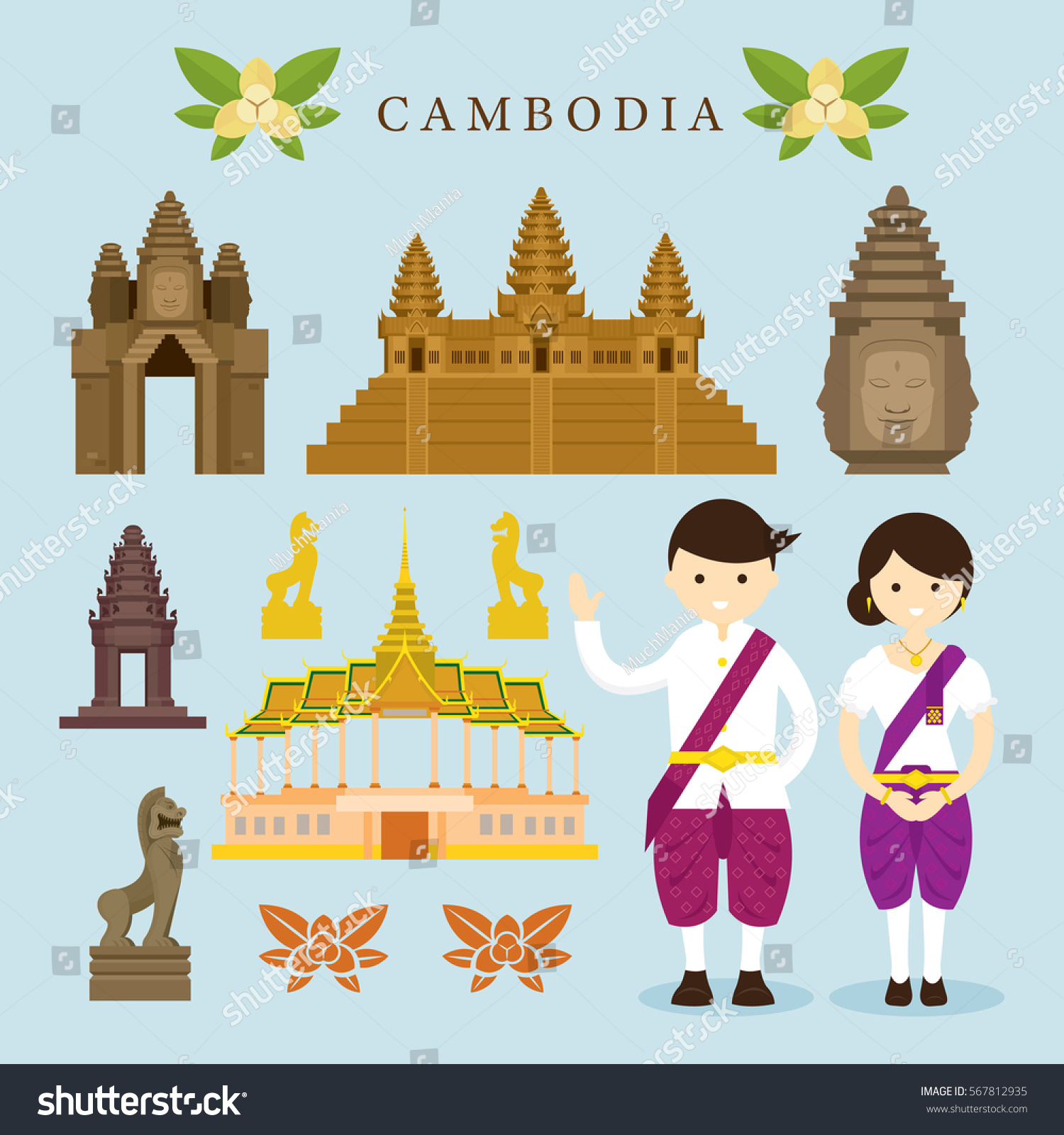 Cambodia Landmarks Objects Design Elements Culture Stock Vector