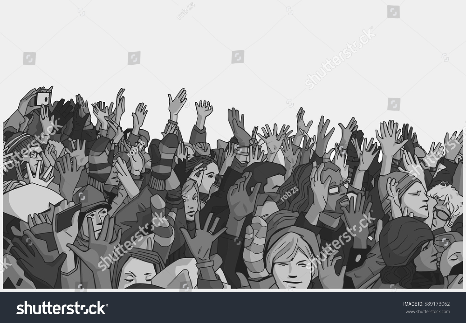 Vektor Stok Illustration Protesting Crowd Raised Hands Grey Tanpa