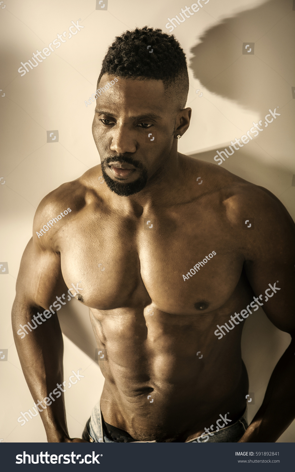 African American Bodybuilder Man Naked Muscular Stock Photo 591892841