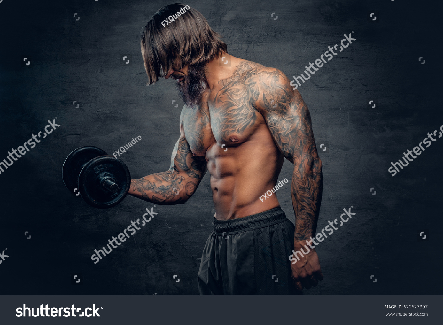 Shirtless Muscular Bearded Male Tattoo On Stock Photo