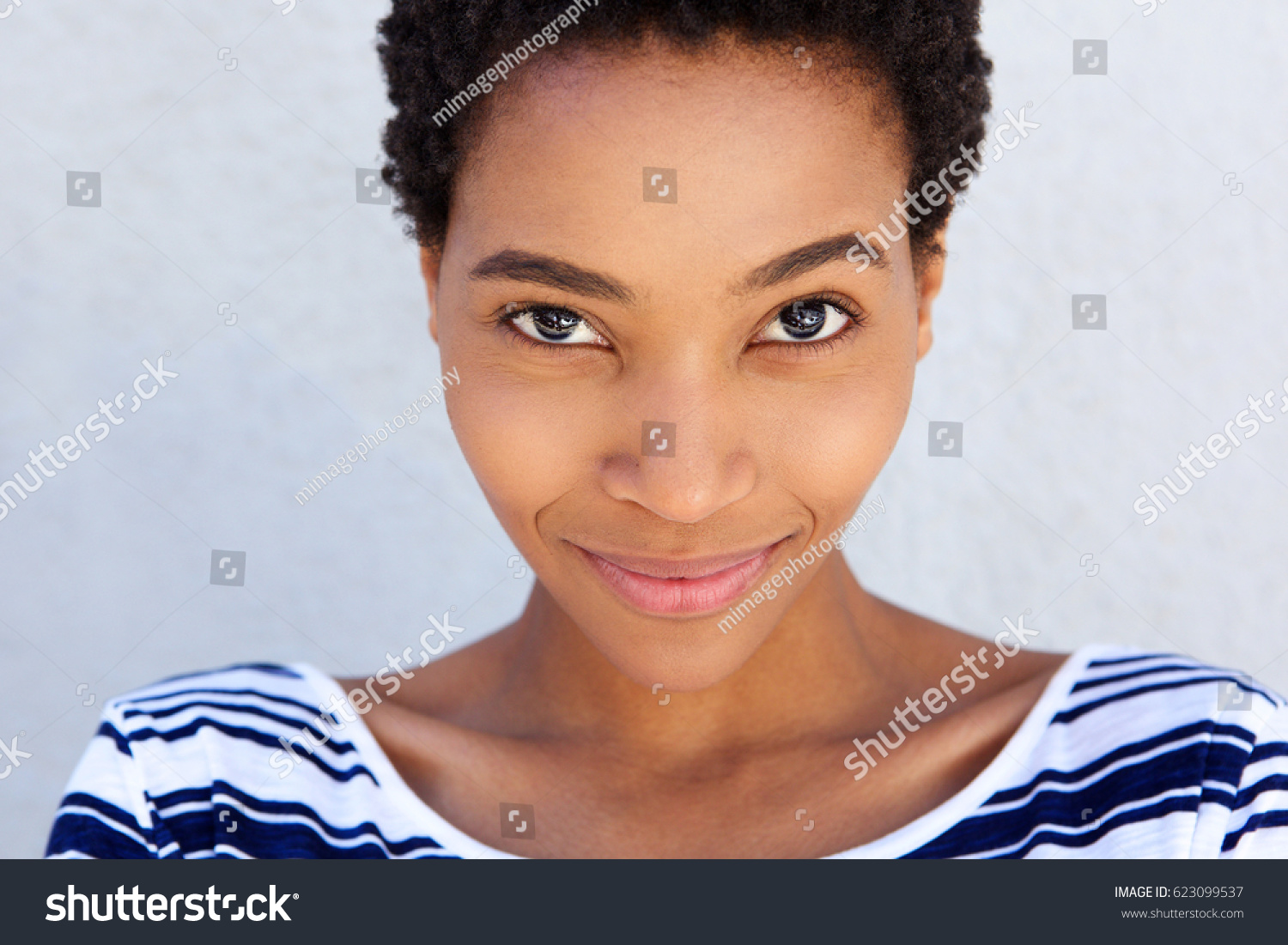 Close Portrait Afro American Woman Smirking Stock Photo 623099537