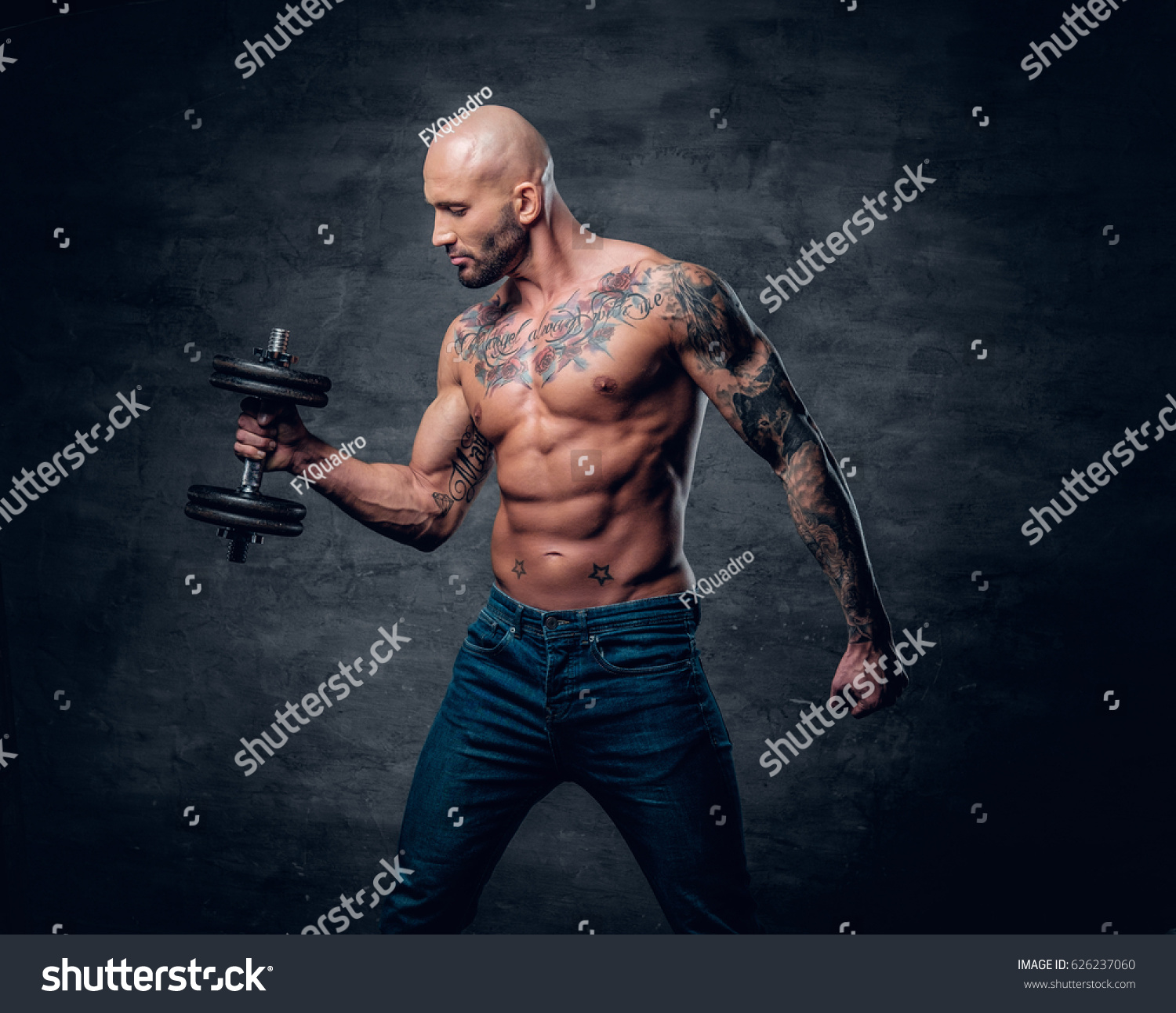 Brutal Shirtless Shaved Head Muscular Male Shutterstock