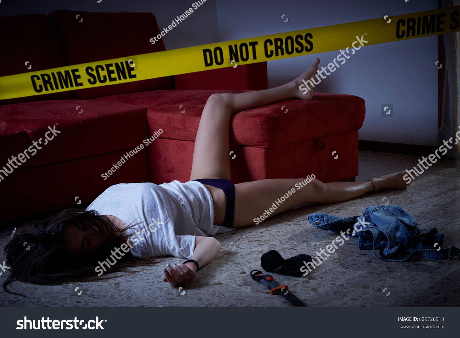 Crime Scene Imitation Lifeless Woman Lying Stock Photo