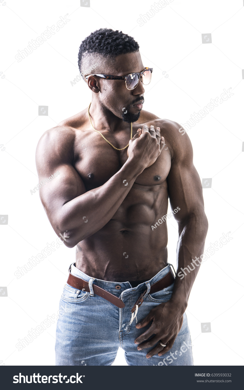 African American Bodybuilder Man Naked Muscular Stock Photo