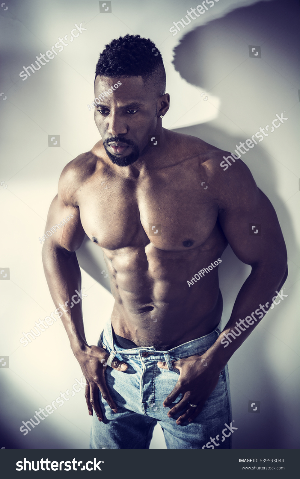 African American Bodybuilder Man Naked Muscular Stock Photo