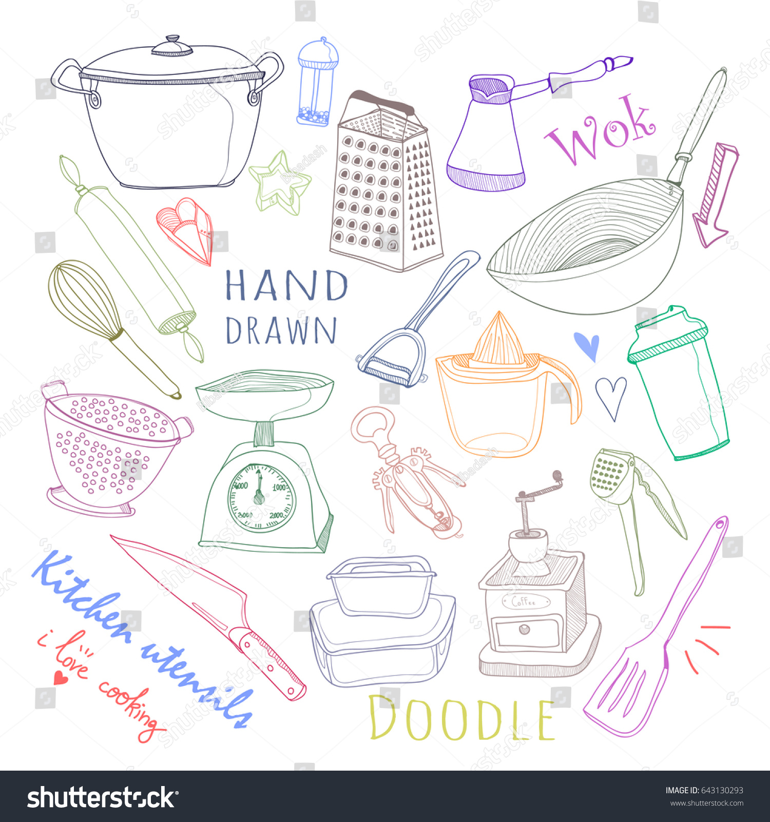 Hand Drawn Doodle Kitchen Utensils Colored Stock Vector Royalty Free