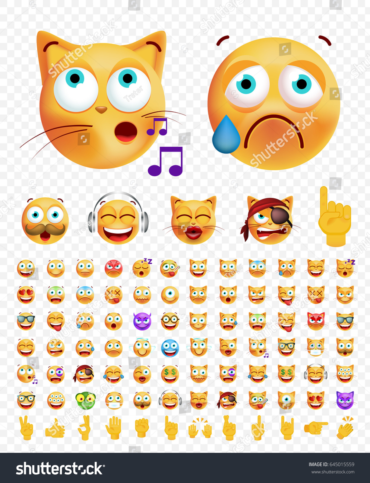 Set Cute Emoticons On Transparent Background 스톡 벡터 로열티 프리 645015559