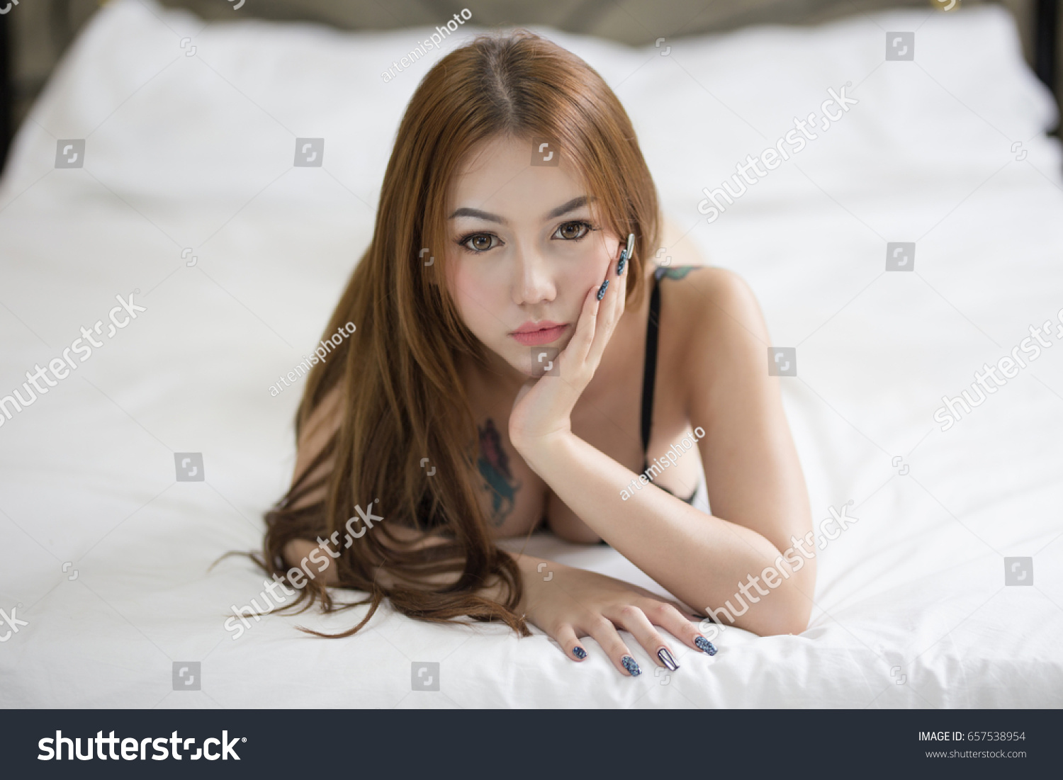 Sexy Asian Woman Lingerie Thong Lying Shutterstock