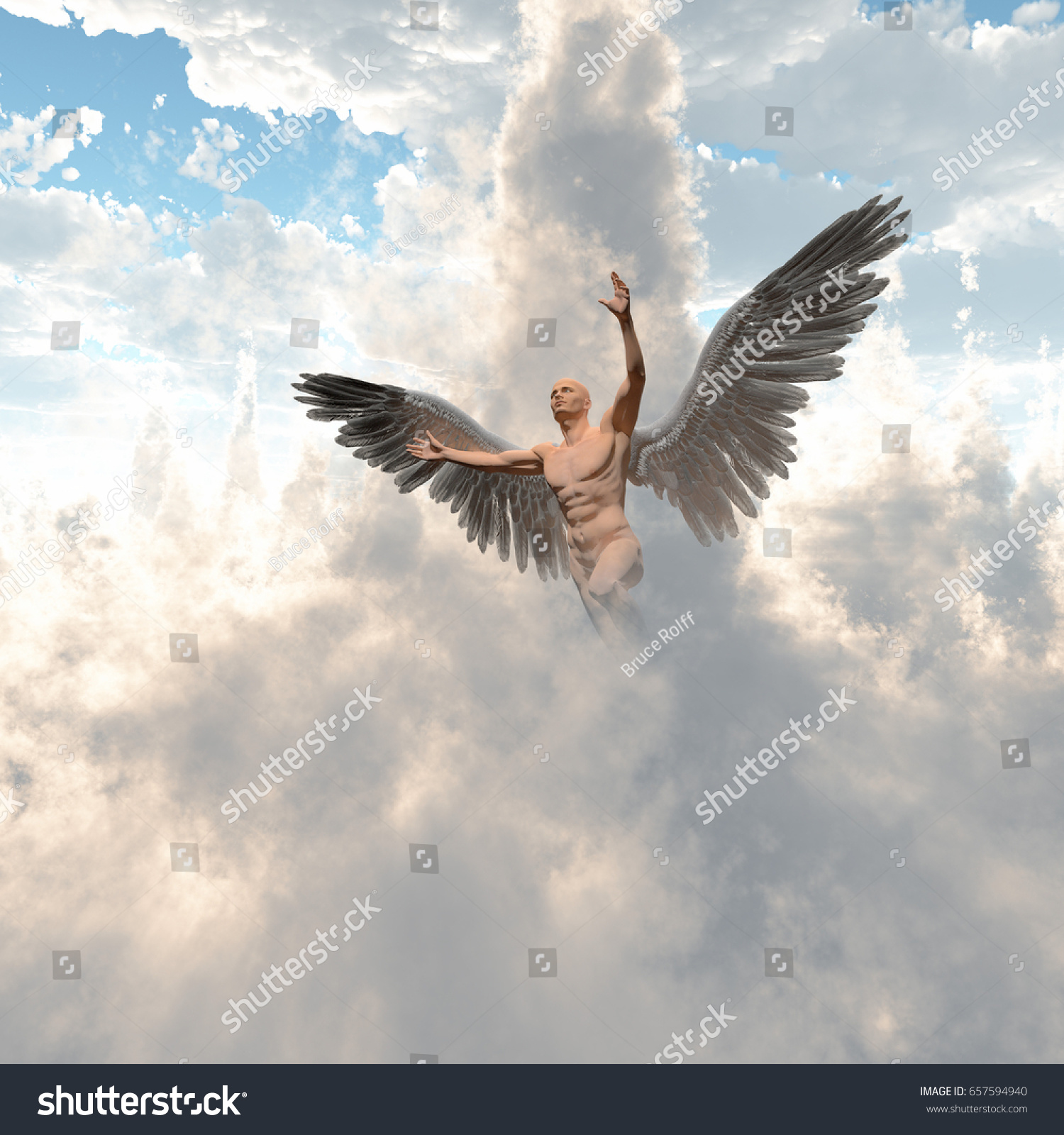 Surrealism Naked Man Angels Wings Flies Stock Illustration 657594940