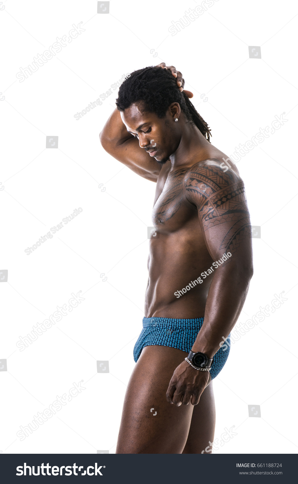 African American Bodybuilder Man Naked Muscular Stock Photo