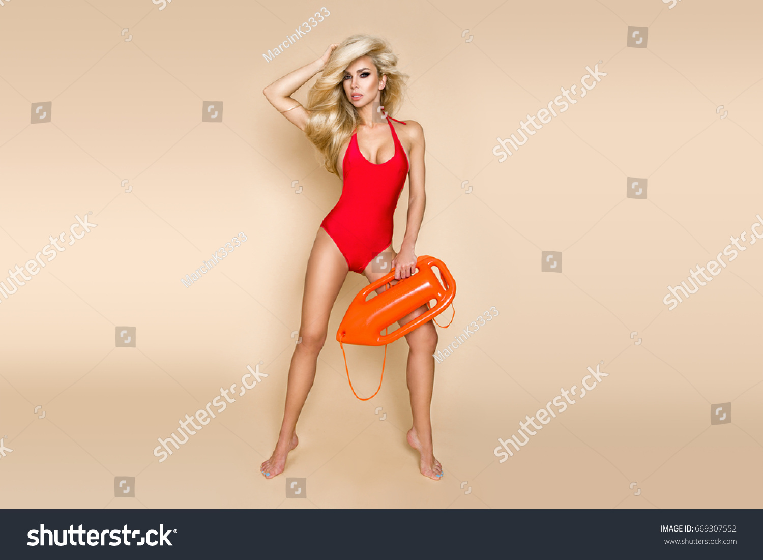 Sexy Busty Blonde Lifeguard Woman Red Stock Photo 669307552 Shutterstock