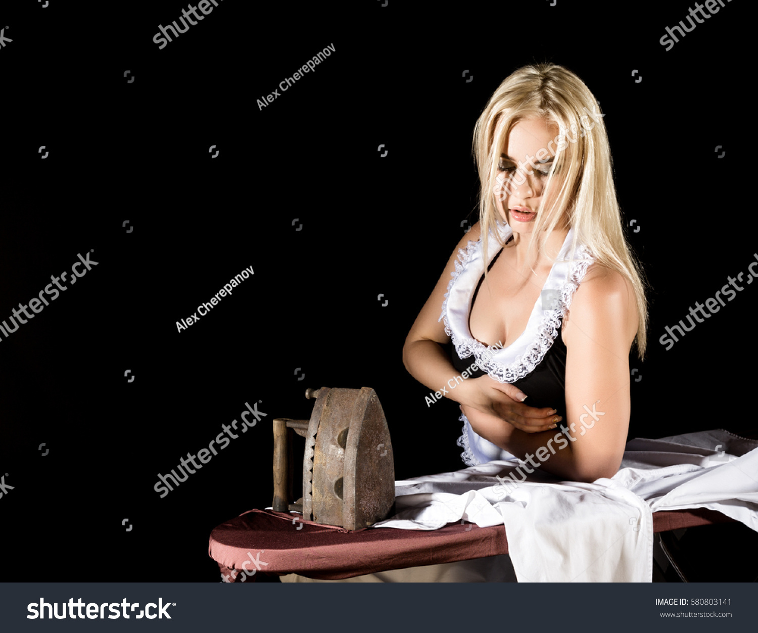 Sexy Blonde Woman Housekeeper Suit Ironing Stock Photo 680803141