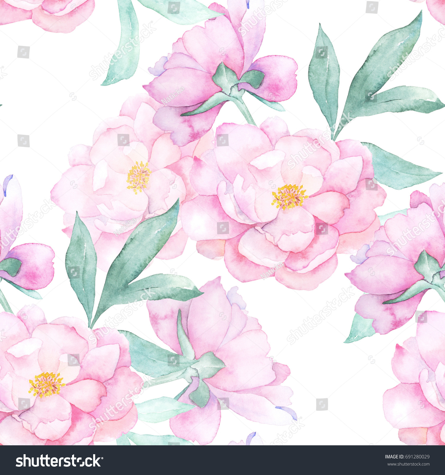 Watercolor Seamless Pattern Peonies Hand Drawn Stock Illustration