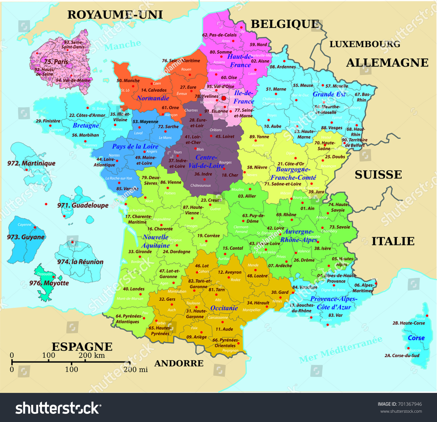 French Map France Colorized Departments Prefectures Shutterstock