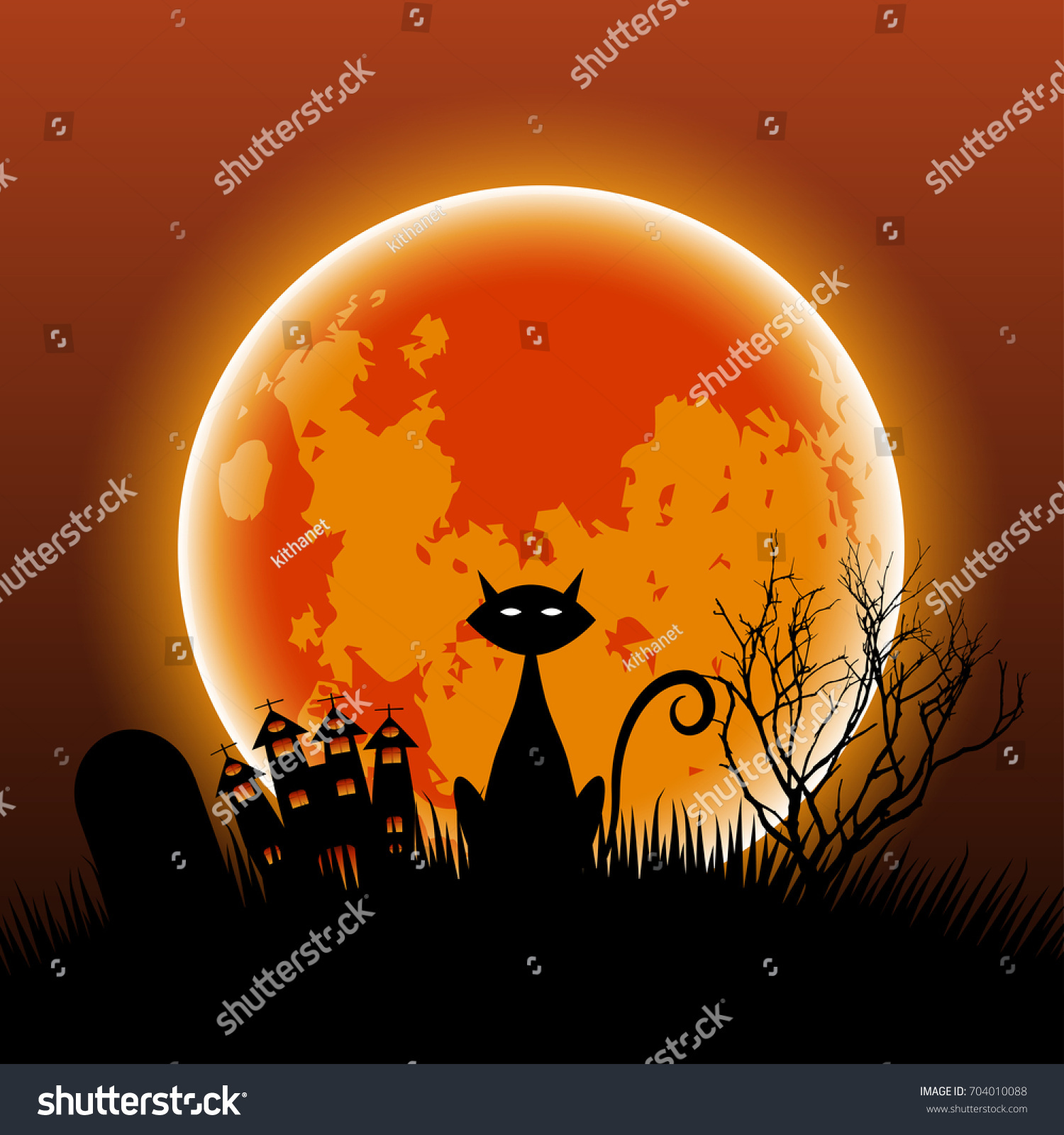 Halloween Night Black Cat Full Moon Stock Vector Royalty Free