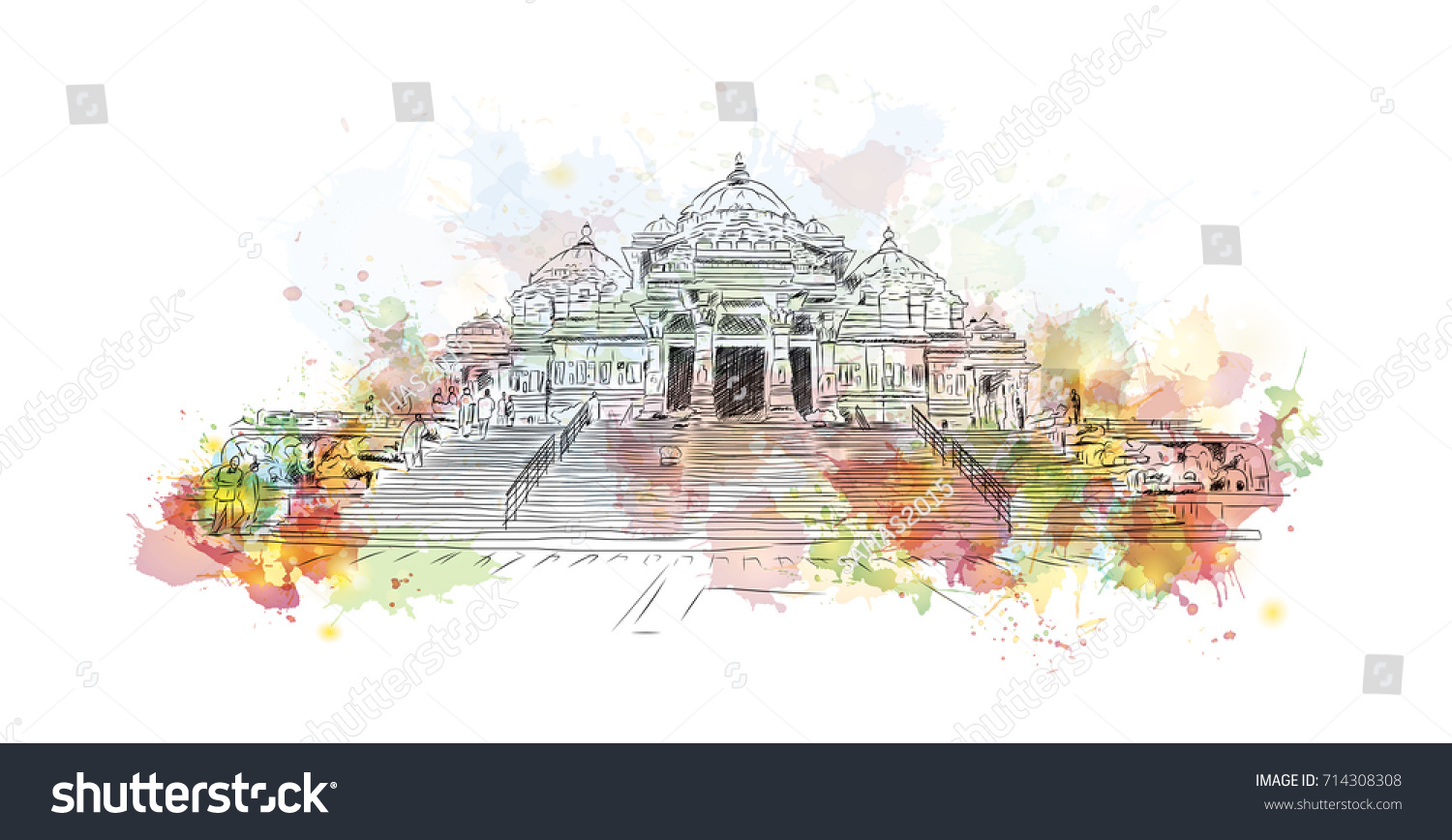 Watercolor Sketch Akshardham Temple New Delhi Stock Vector Royalty