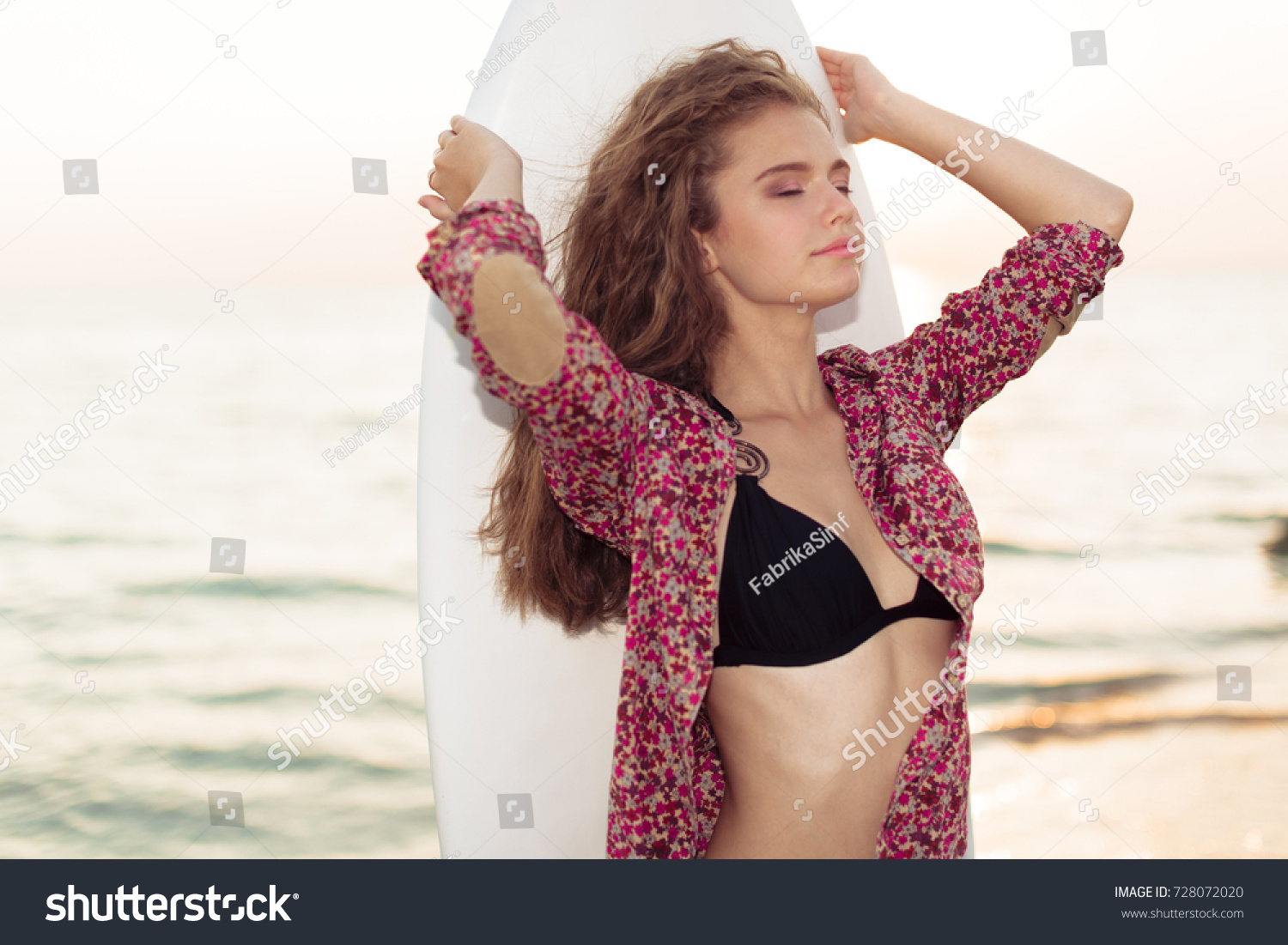 Woman Bikini Surfer Surfboard Sunset Beach Stock Photo