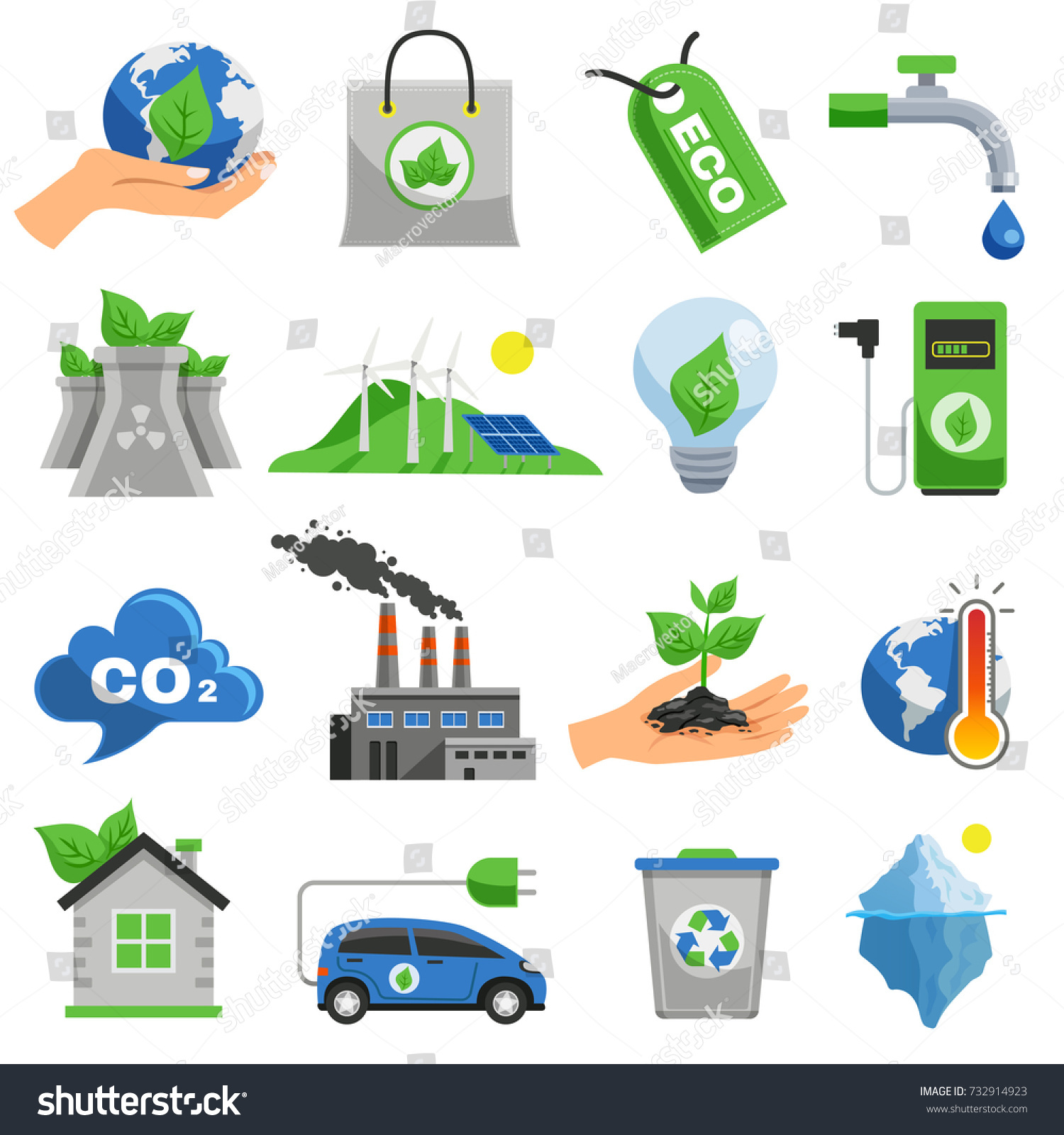 Ecology Icon Set Elements Attributes Ecological Stock Vector Royalty